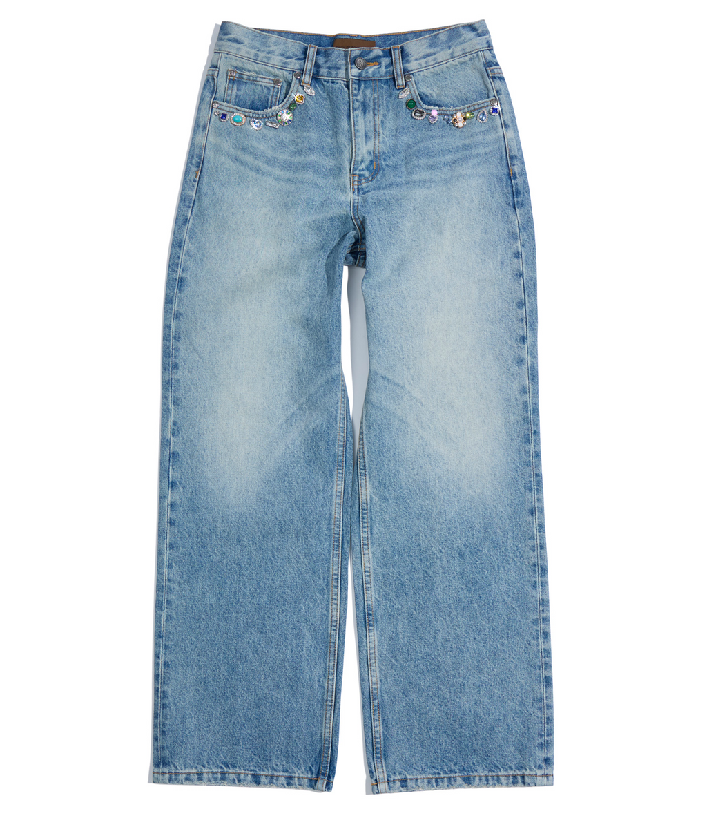 Icewave Gemstone Jeans | Blue Denim Birth of Royal Child | Hand-sewn Gemstone Embellishments