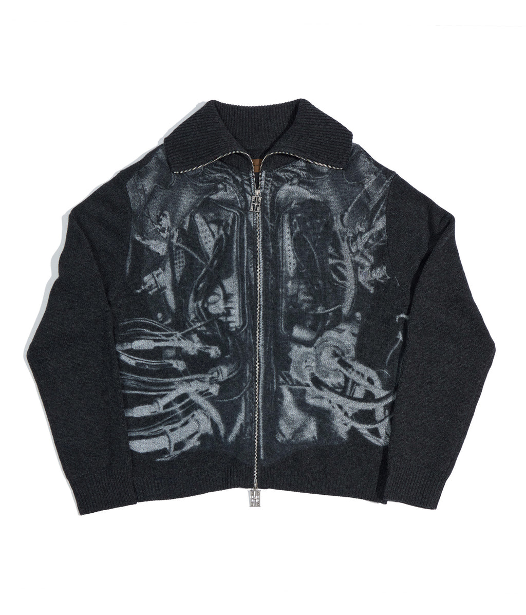 Black wool two-way zip sweater with white ink graphic | Birth of Royal Child