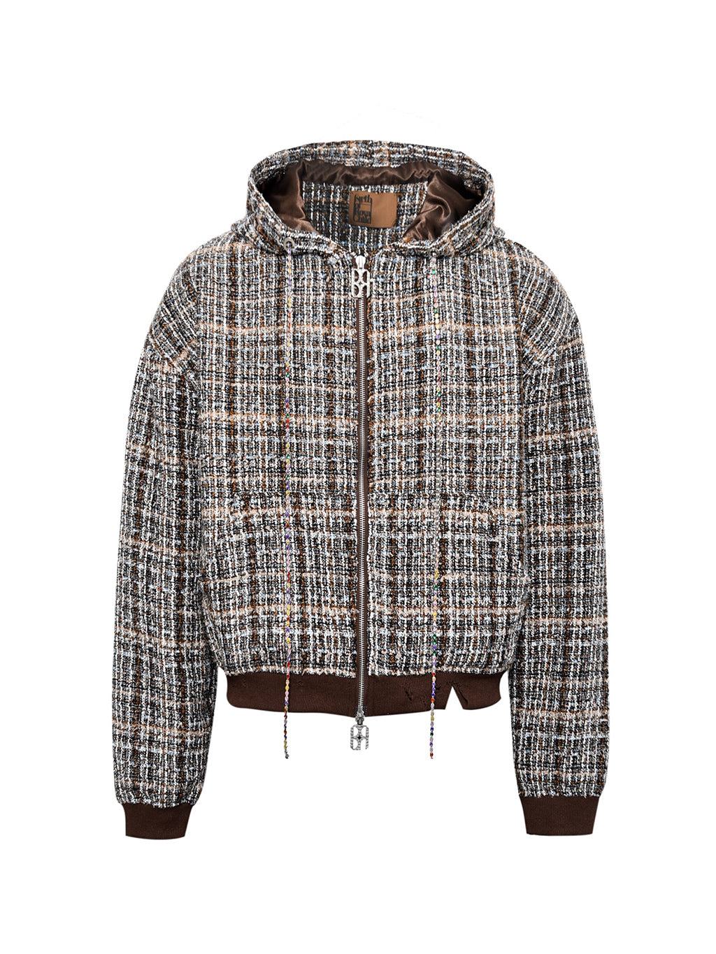 Jewels Chain Detailed Maillard Tweed Hoodie Jacket