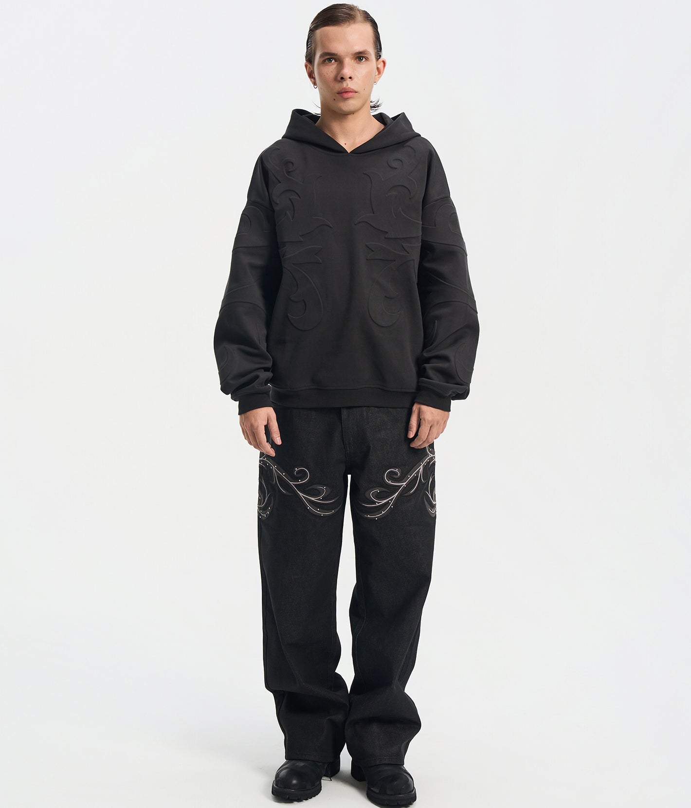 3D Flower Relief Hoodie BLK