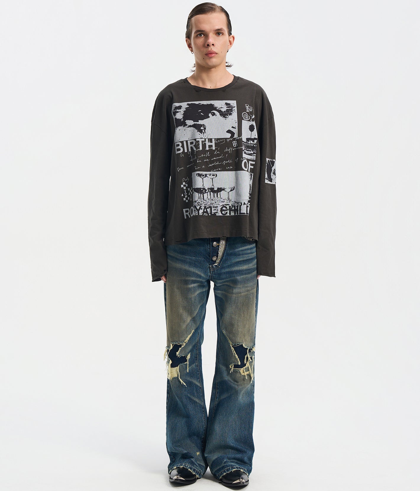 Distressed Embroidery Bootcut Jeans