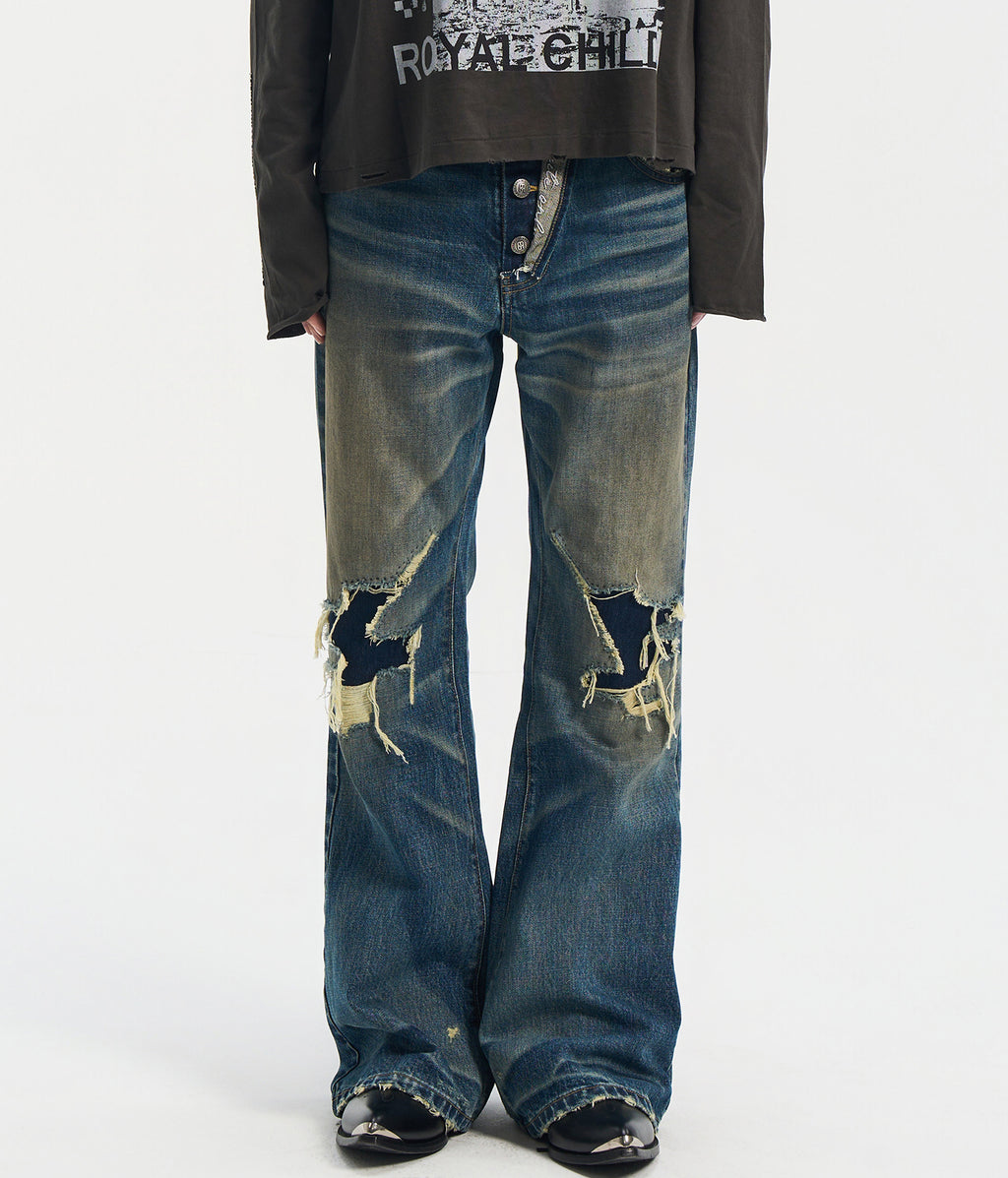 Distressed Embroidery Bootcut Jeans