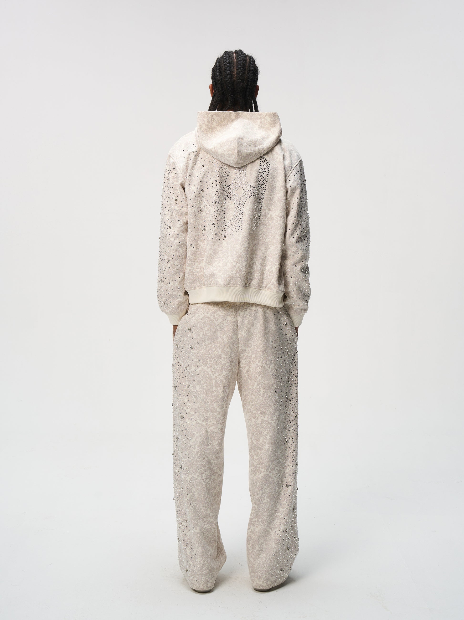 Cashew Blossom Pearl Zipper Hoodie-WHT