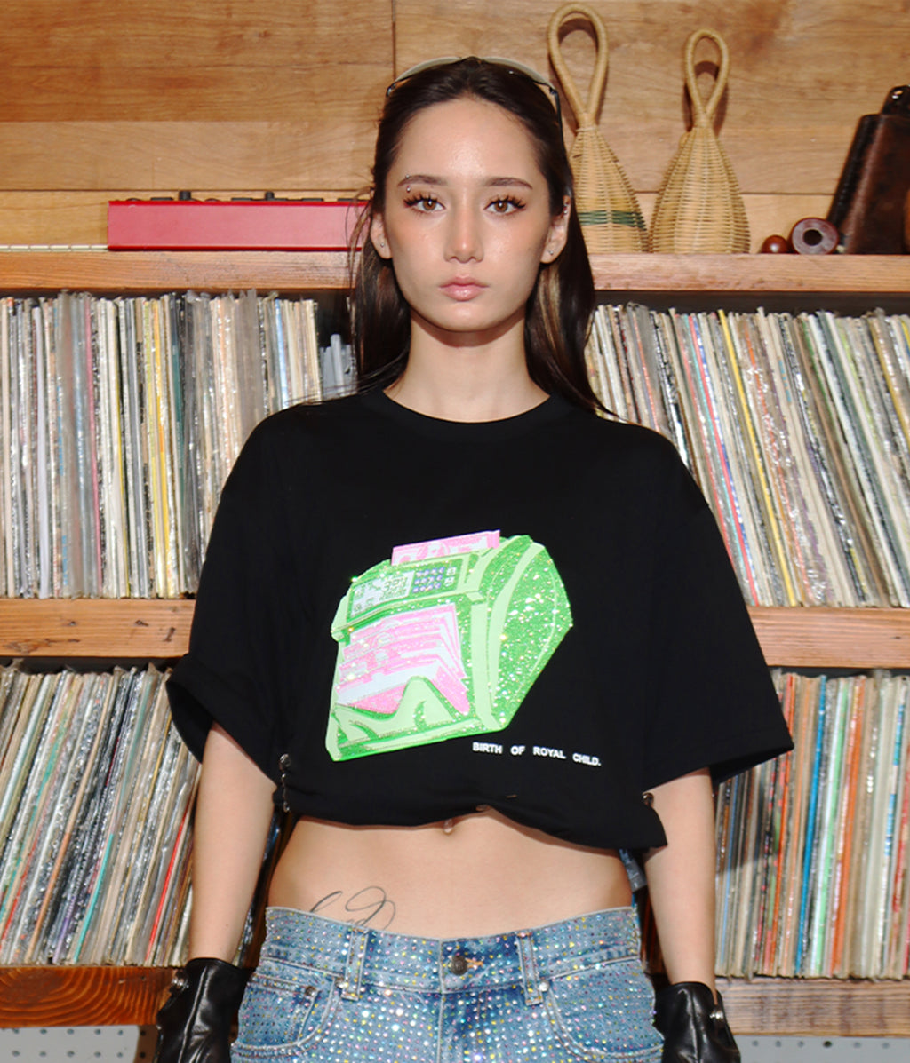 Black short sleeve tee with pink and green money counter graphic perfect unisex tee for everyday wear