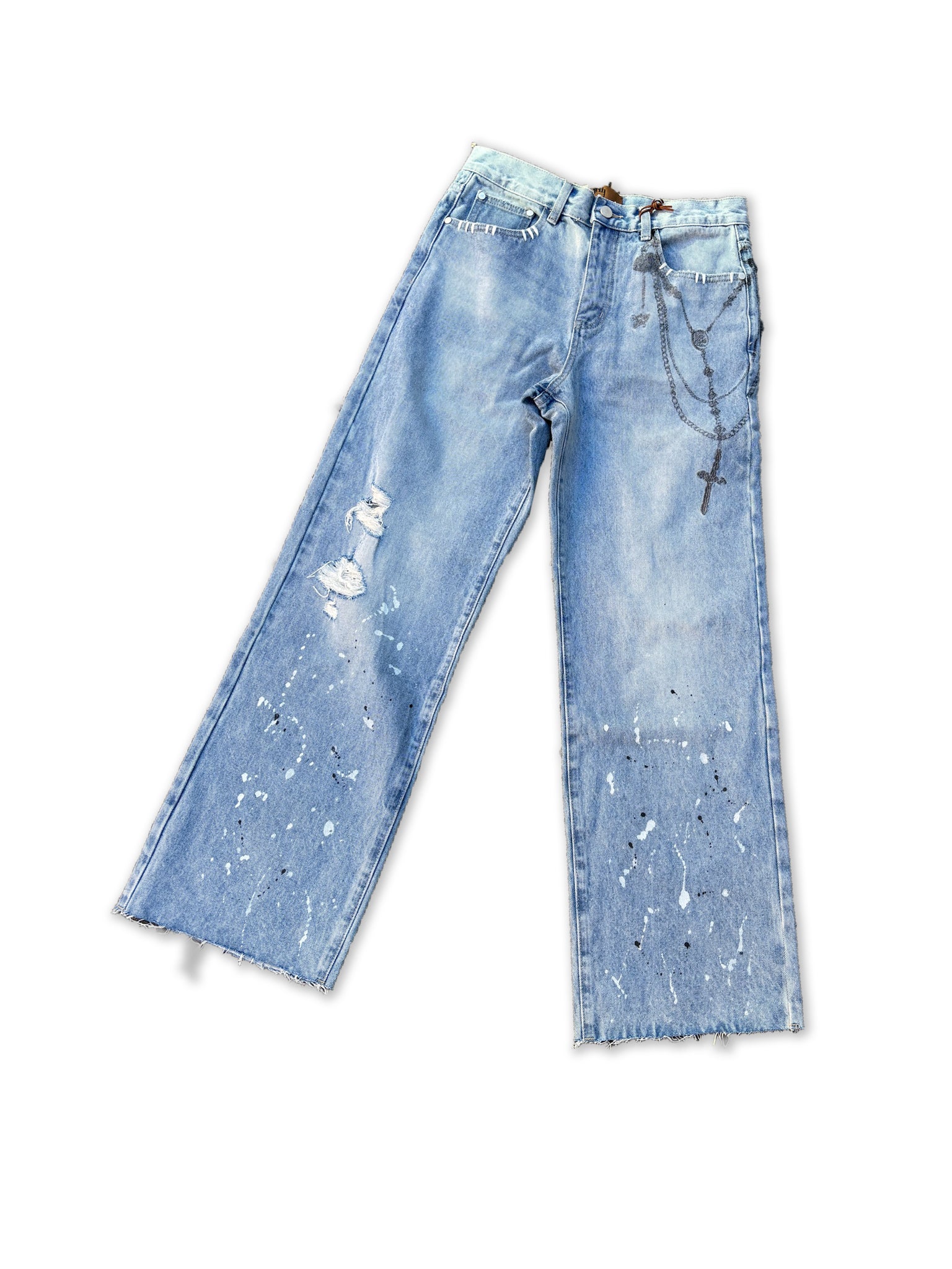 Chain Ink Print Detailed Patch Jeans