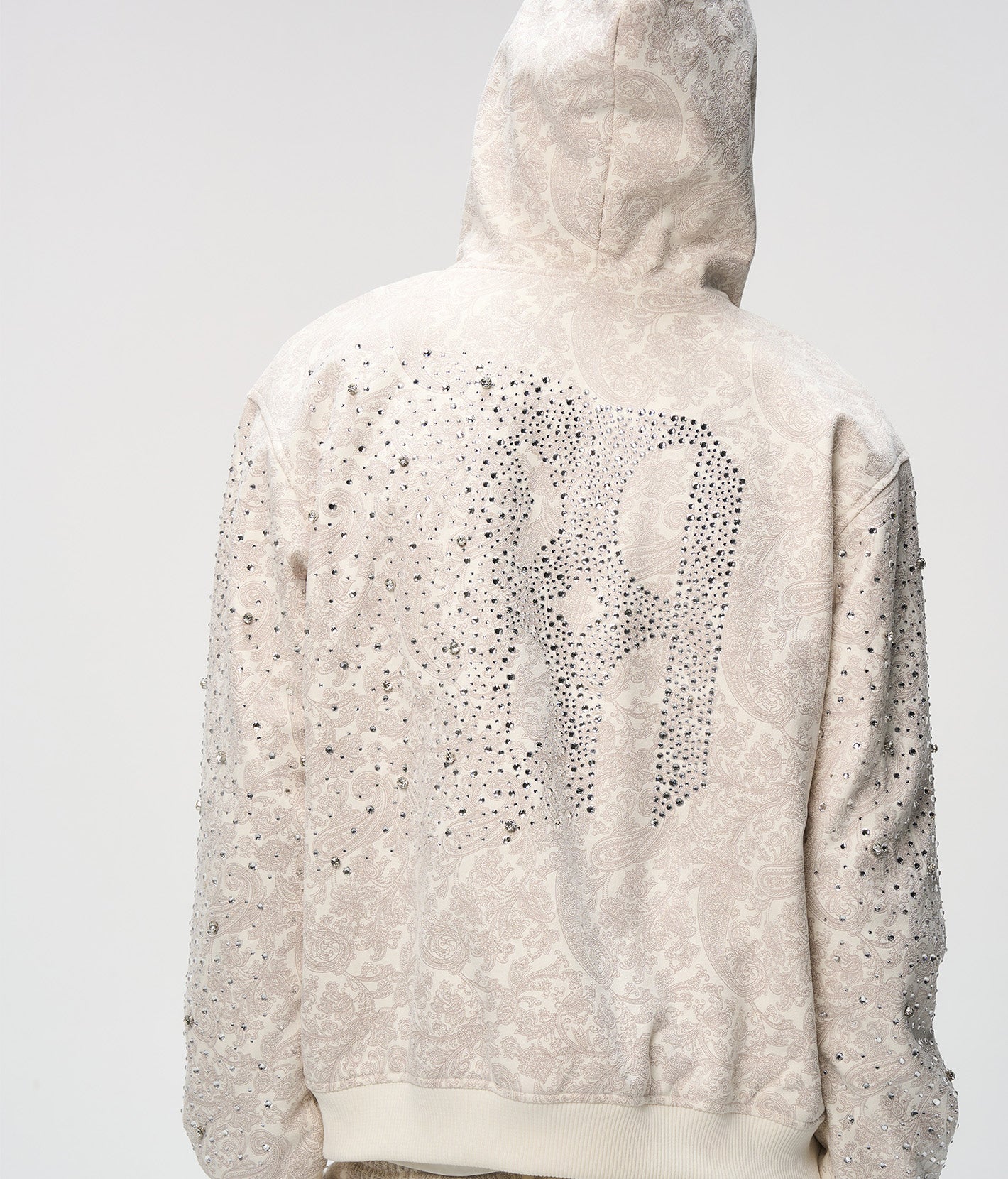 Cashew Blossom Pearl Zipper Hoodie-WHT