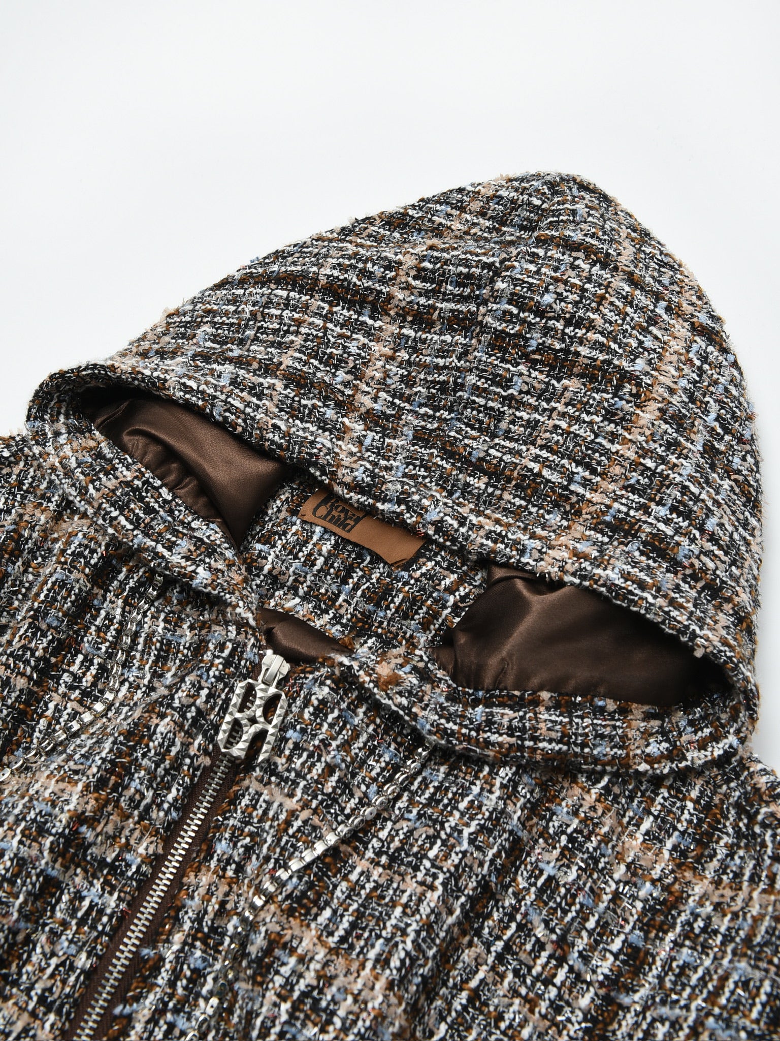 Jewels Chain Detailed Maillard Tweed Hoodie Jacket