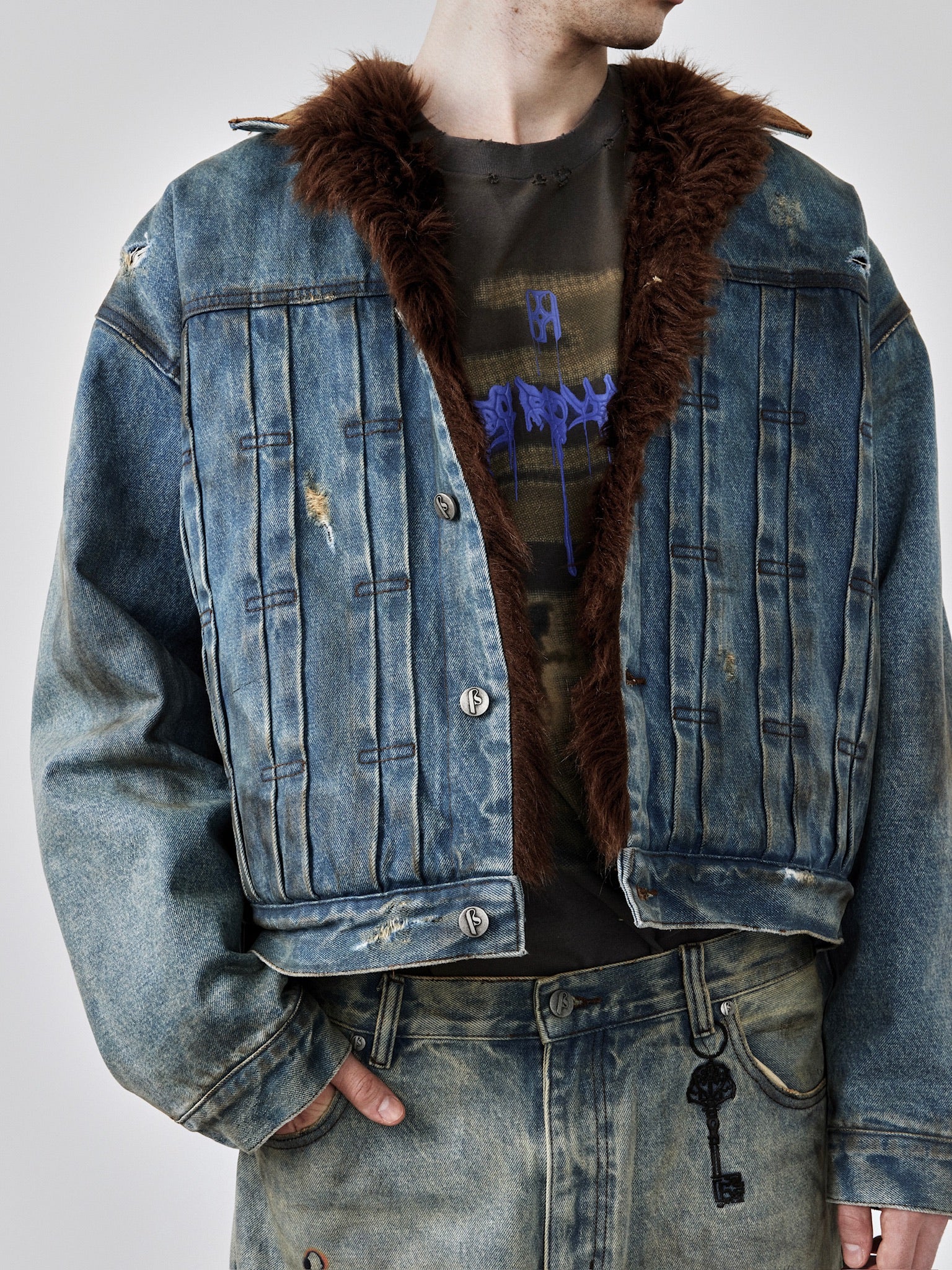 Dirty-Washed Furry Denim Jacket