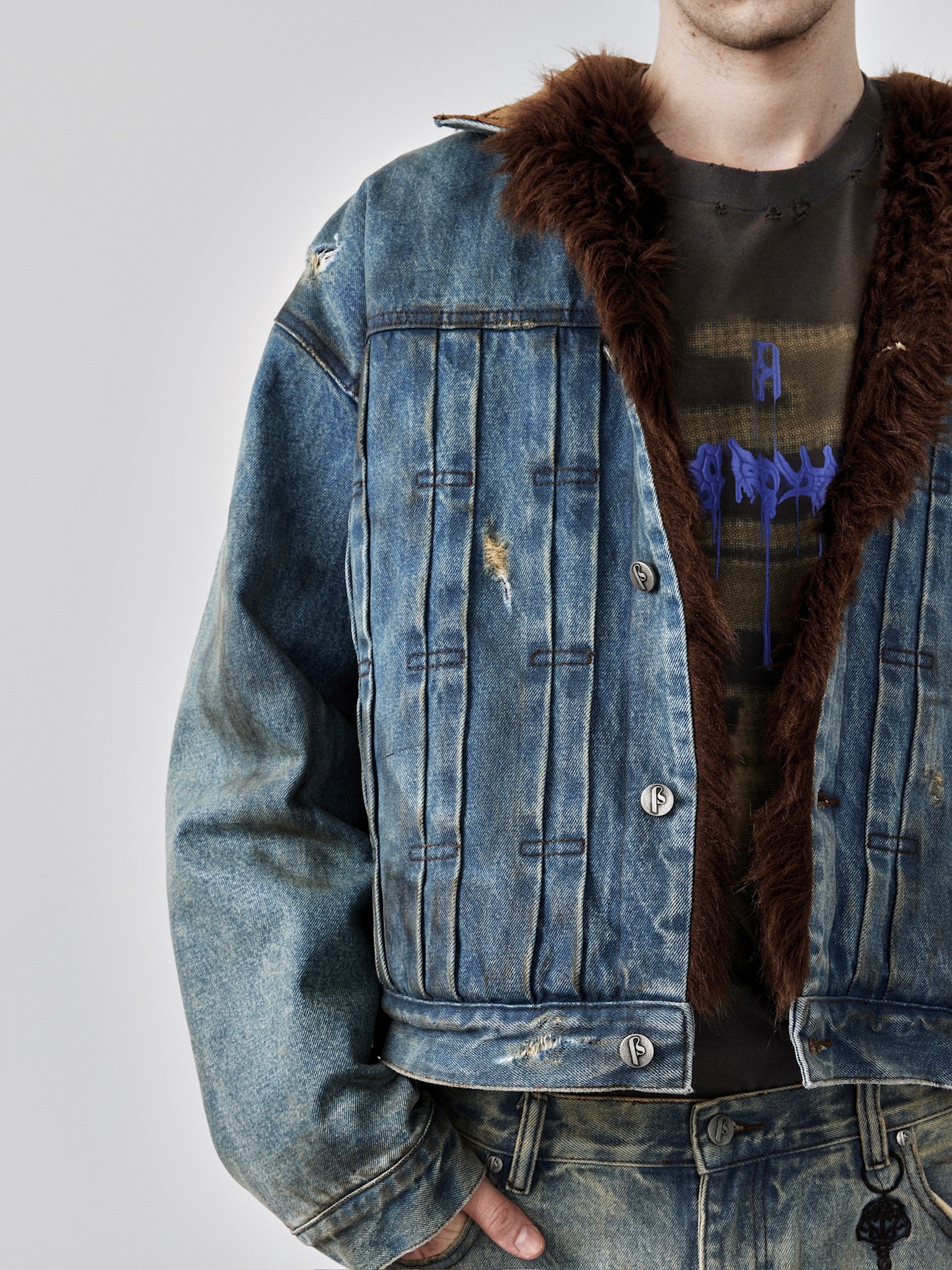 Dirty-Washed Furry Denim Jacket