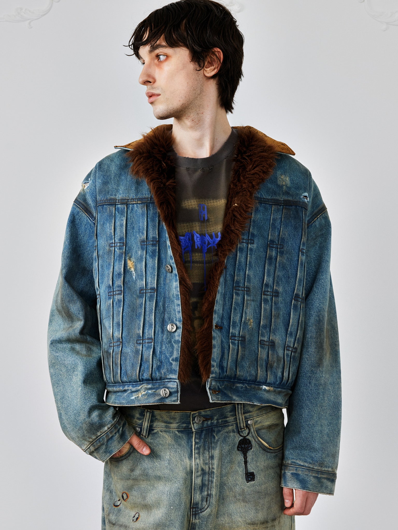 Dirty-Washed Furry Denim Jacket