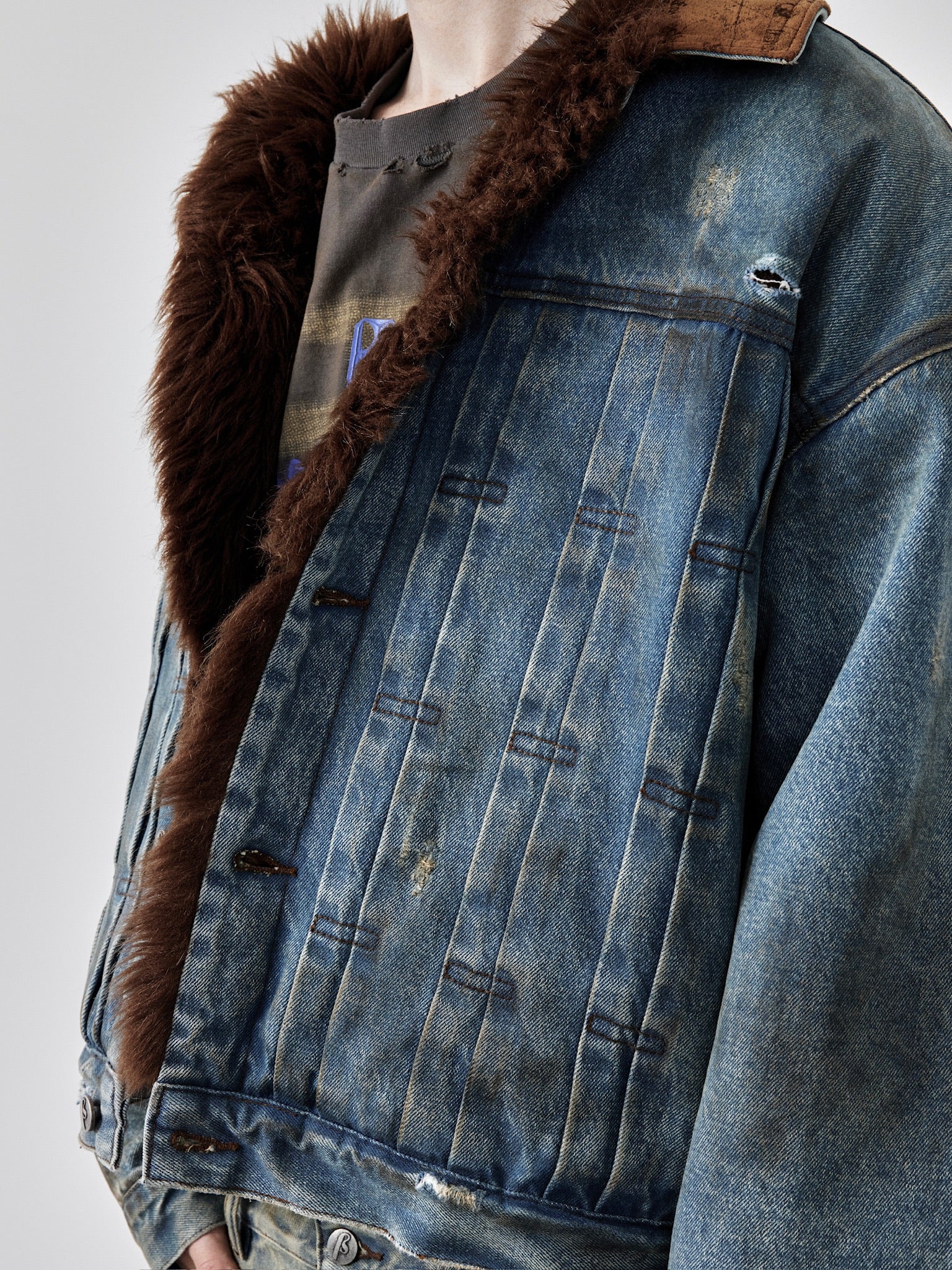 Dirty-Washed Furry Denim Jacket