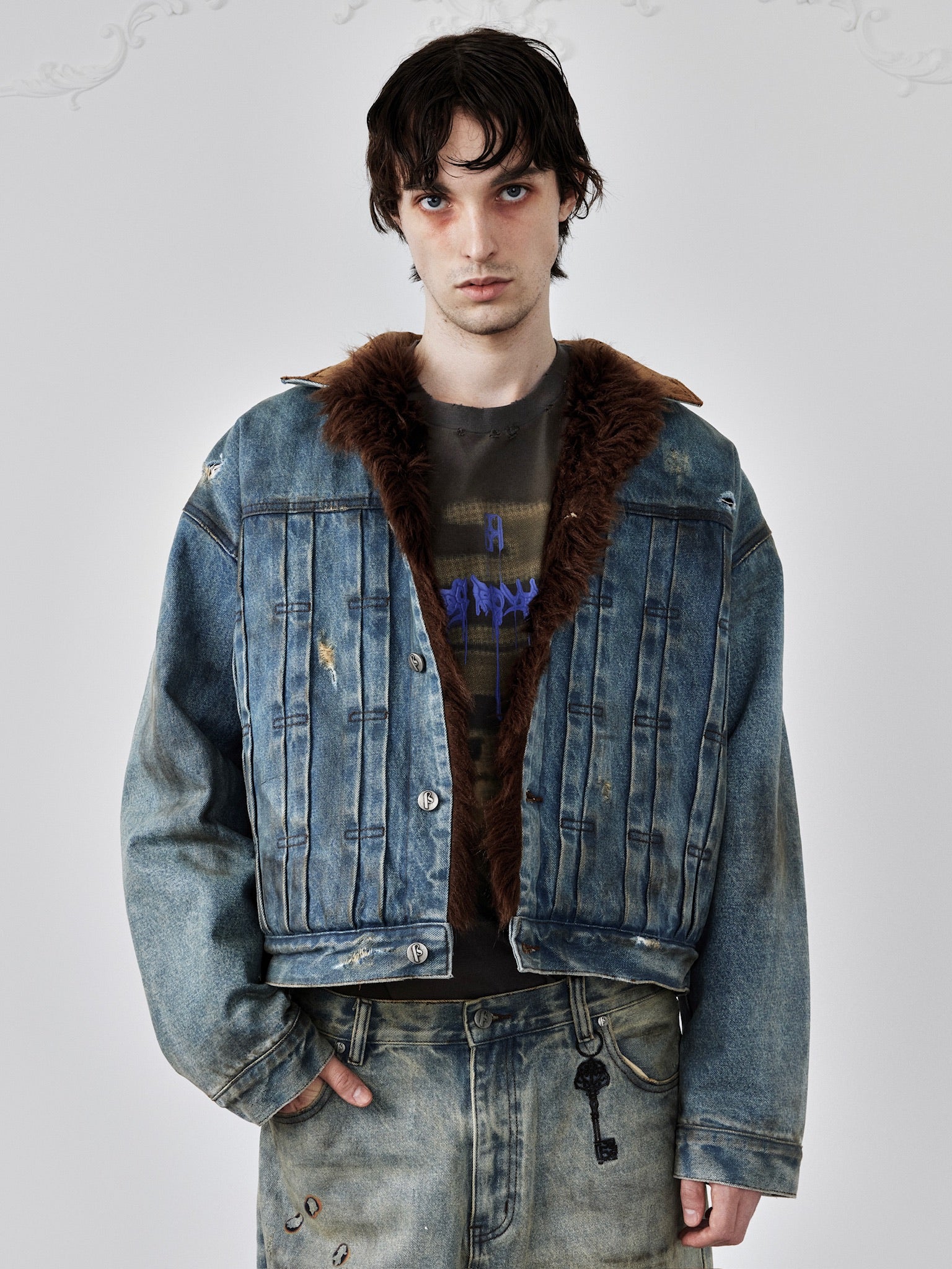 Dirty-Washed Furry Denim Jacket