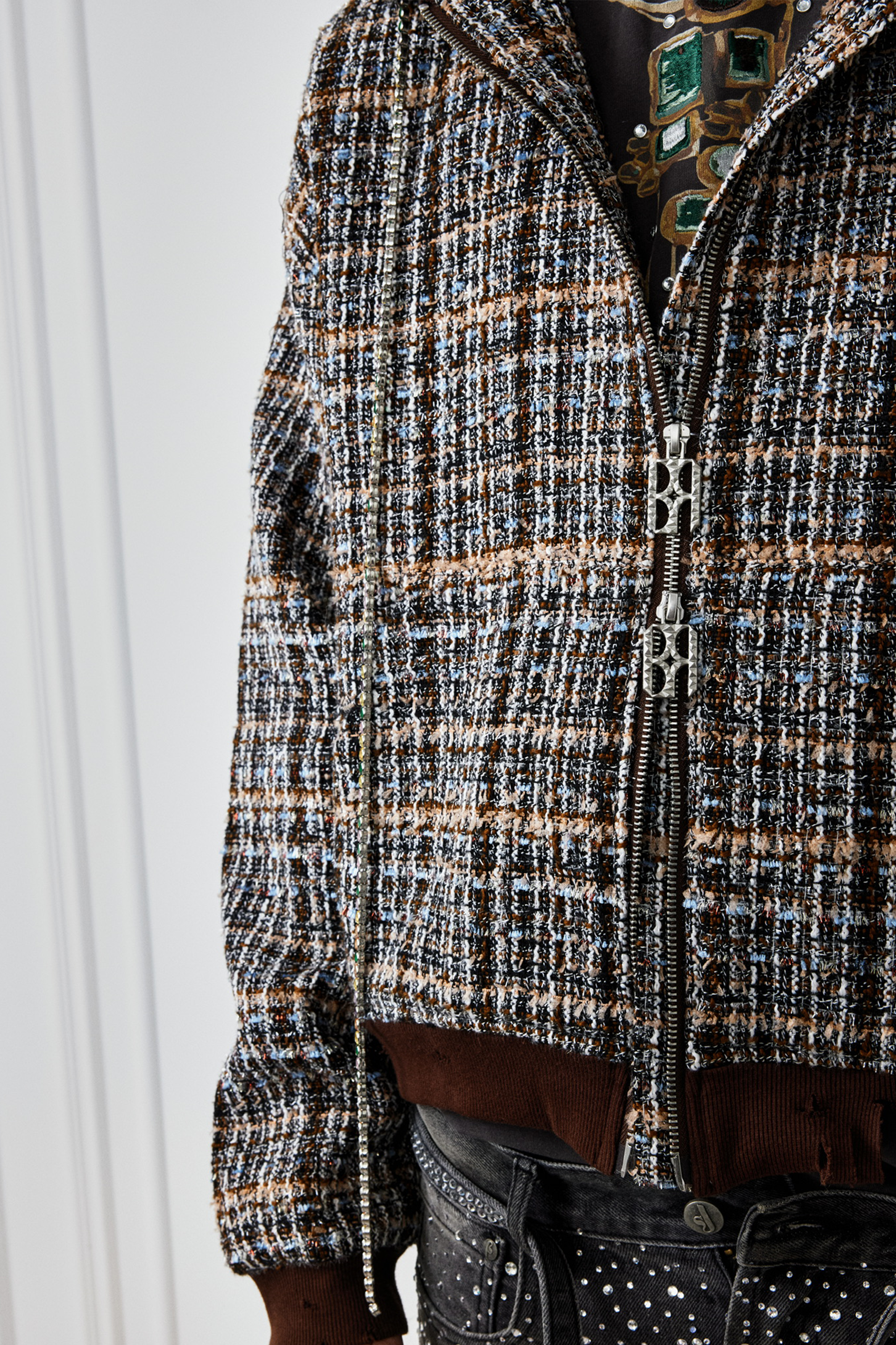 Jewels Chain Detailed Maillard Tweed Hoodie Jacket