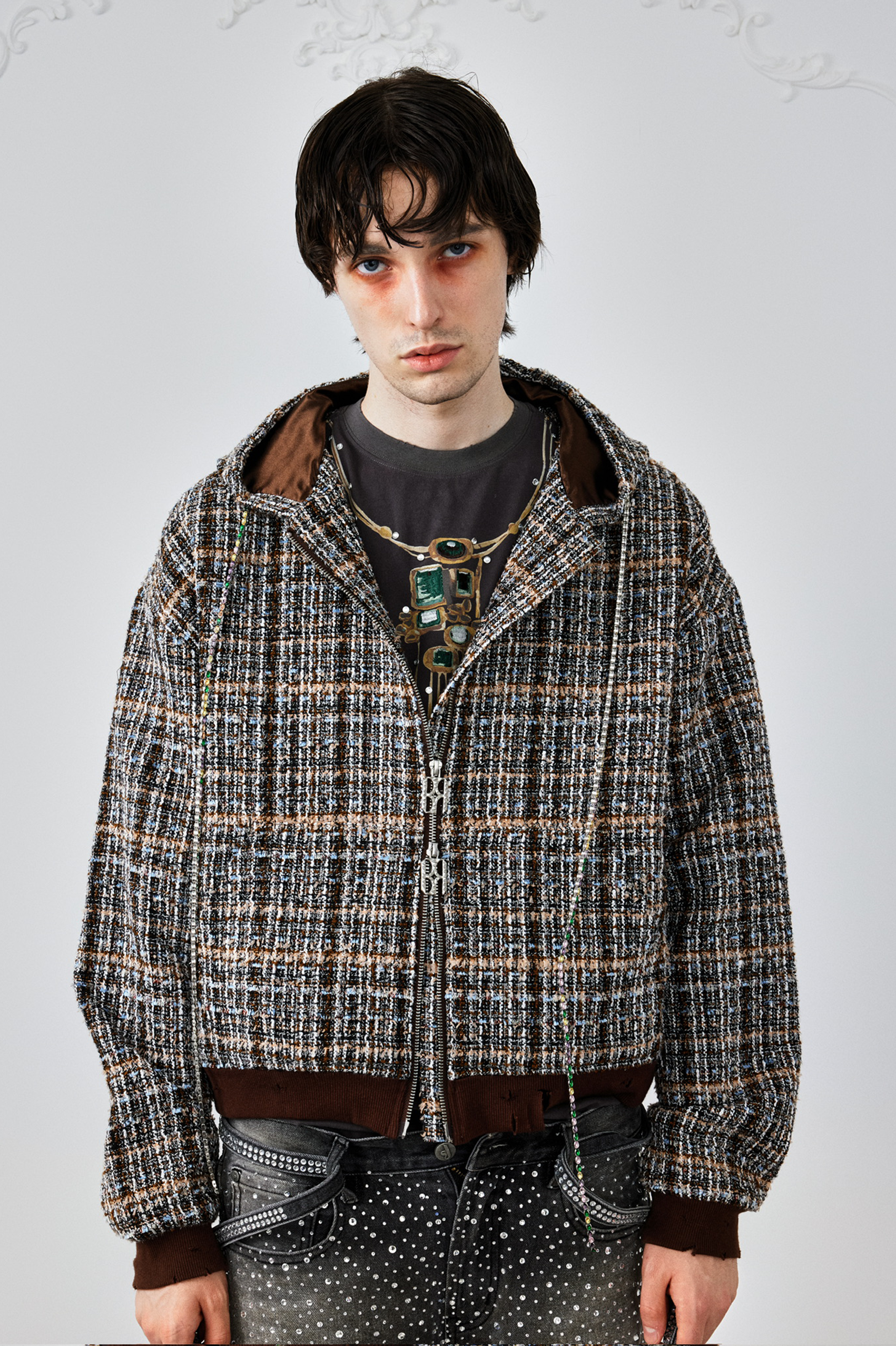 Jewels Chain Detailed Maillard Tweed Hoodie Jacket