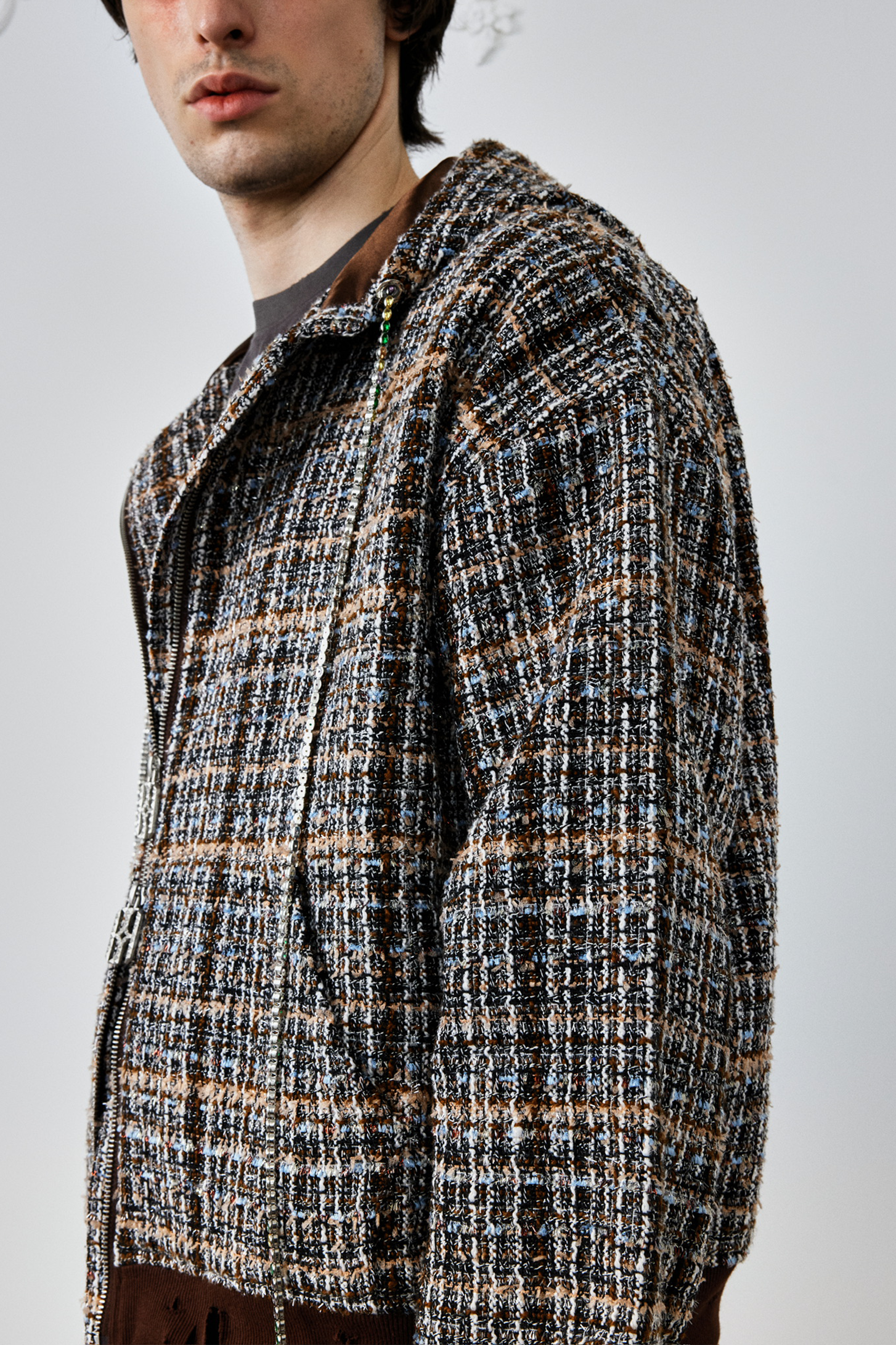 Jewels Chain Detailed Maillard Tweed Hoodie Jacket