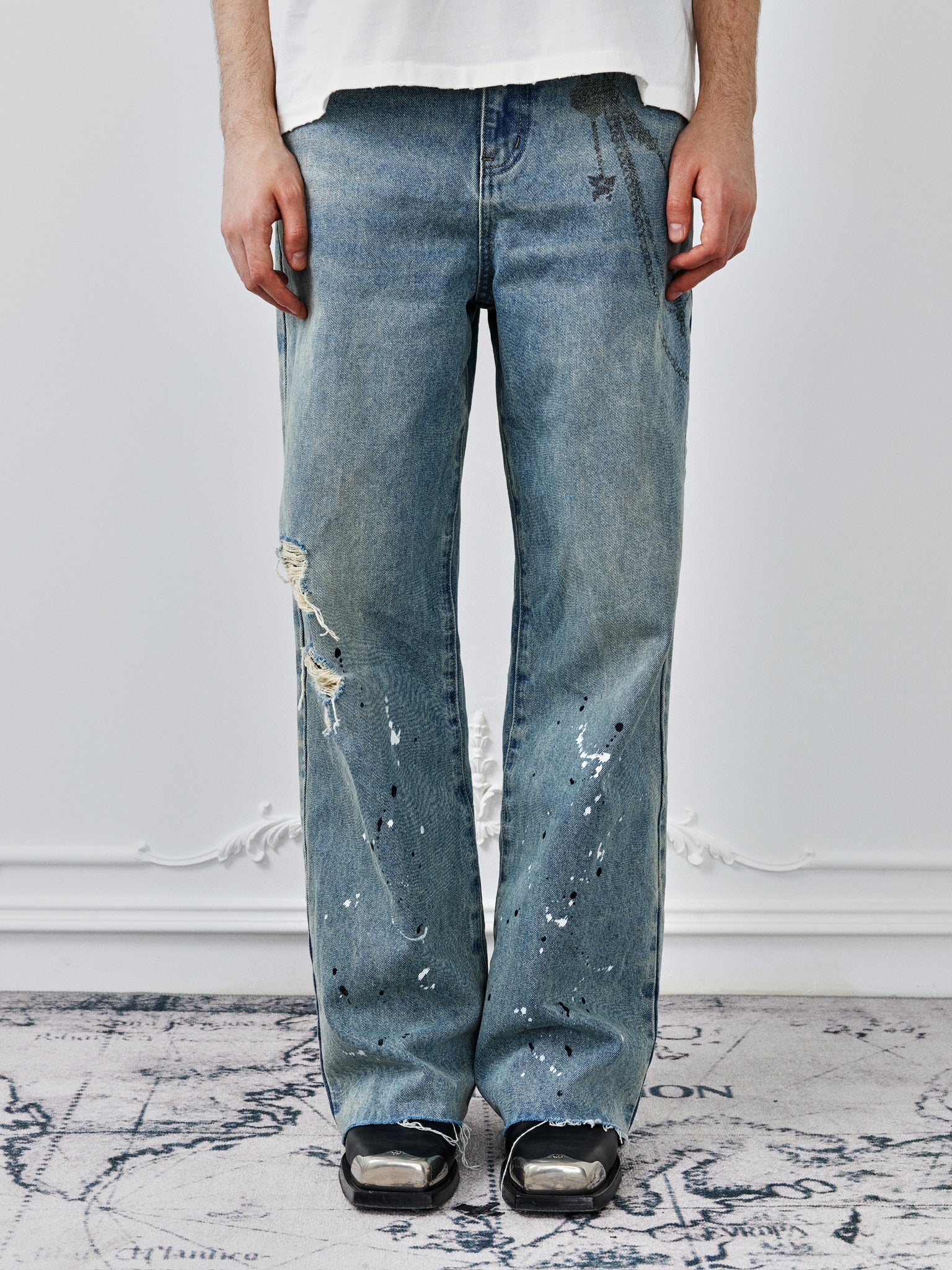 Chain Ink Print Detailed Patch Jeans