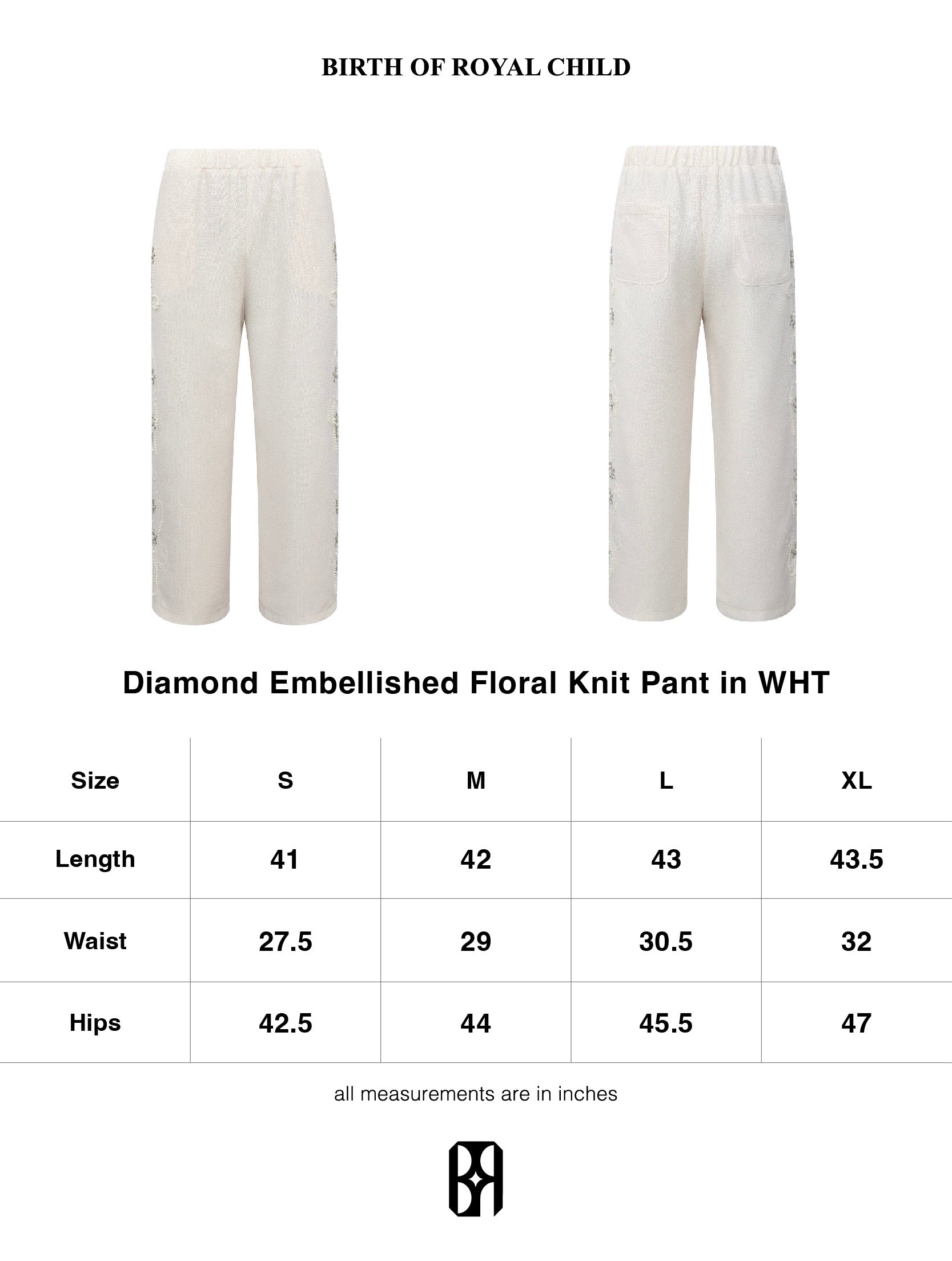 DIAMOND EMBELLISHED FLORAL KNIT PANT IN WHT