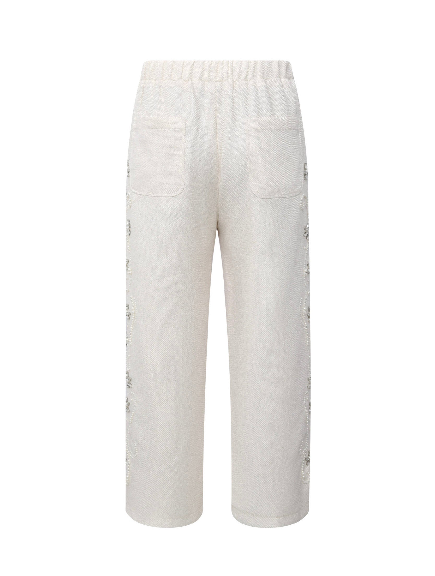 DIAMOND EMBELLISHED FLORAL KNIT PANT IN WHT