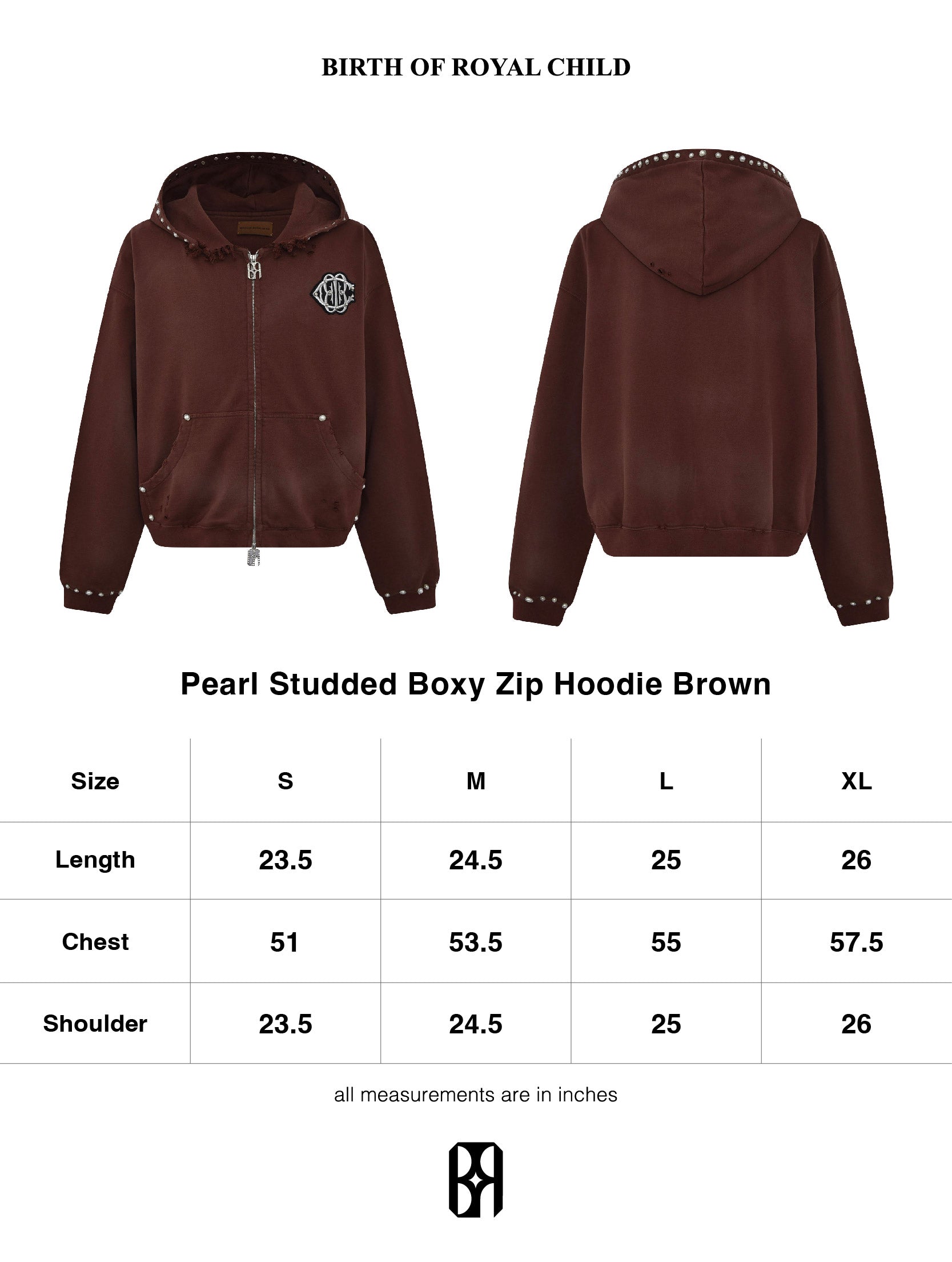 PEARL STUDDED BOXY ZIP HOODIE BROWN