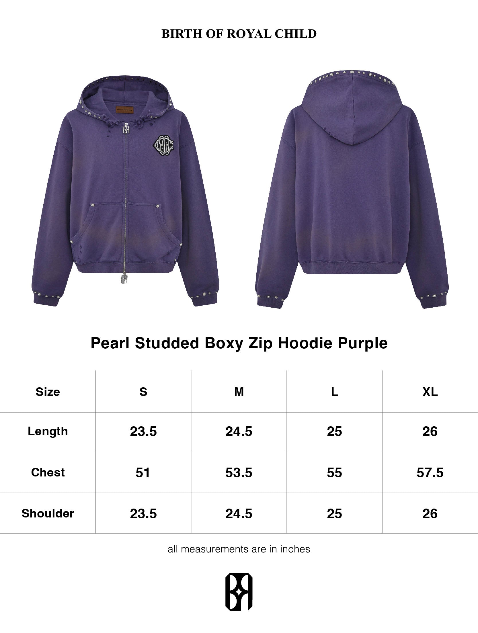 PEARL STUDDED BOXY ZIP HOODIE PURPLE