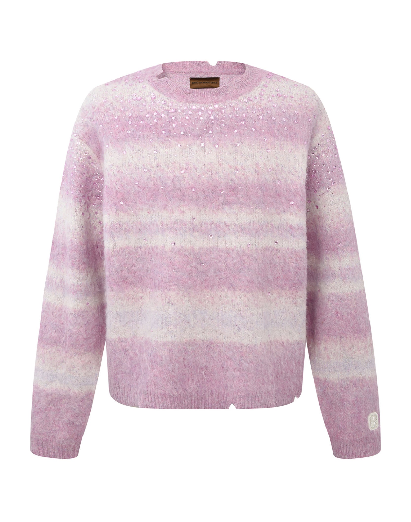 Rhinestone Embellished  Color Block Mohair Sweater in PNK