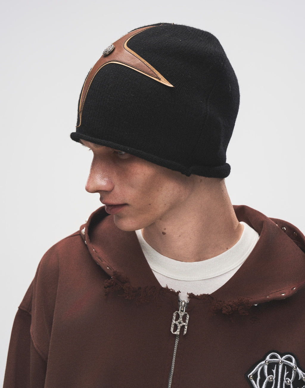 Cross-Patch Leather Beanie
