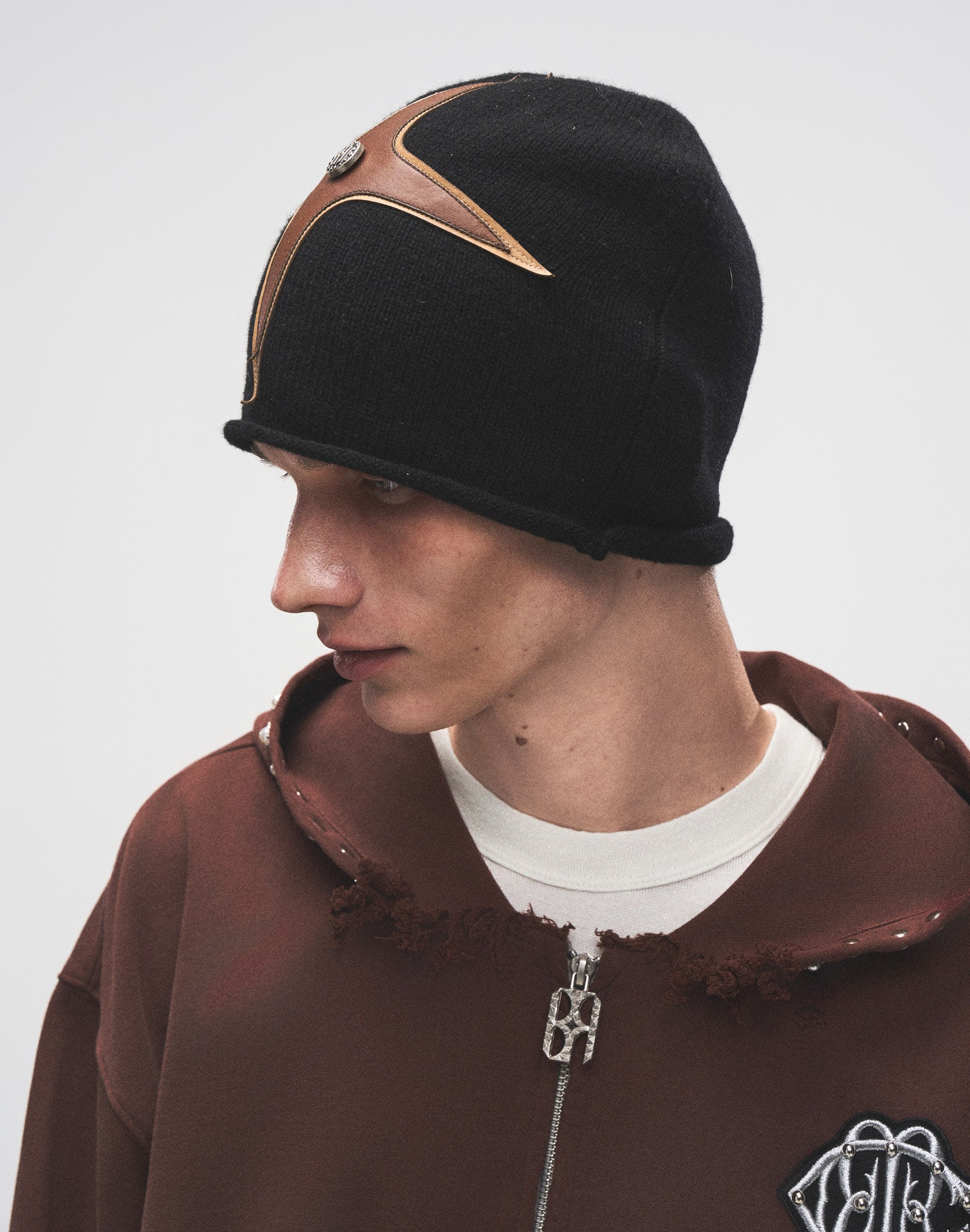 Cross-Patch Leather Beanie