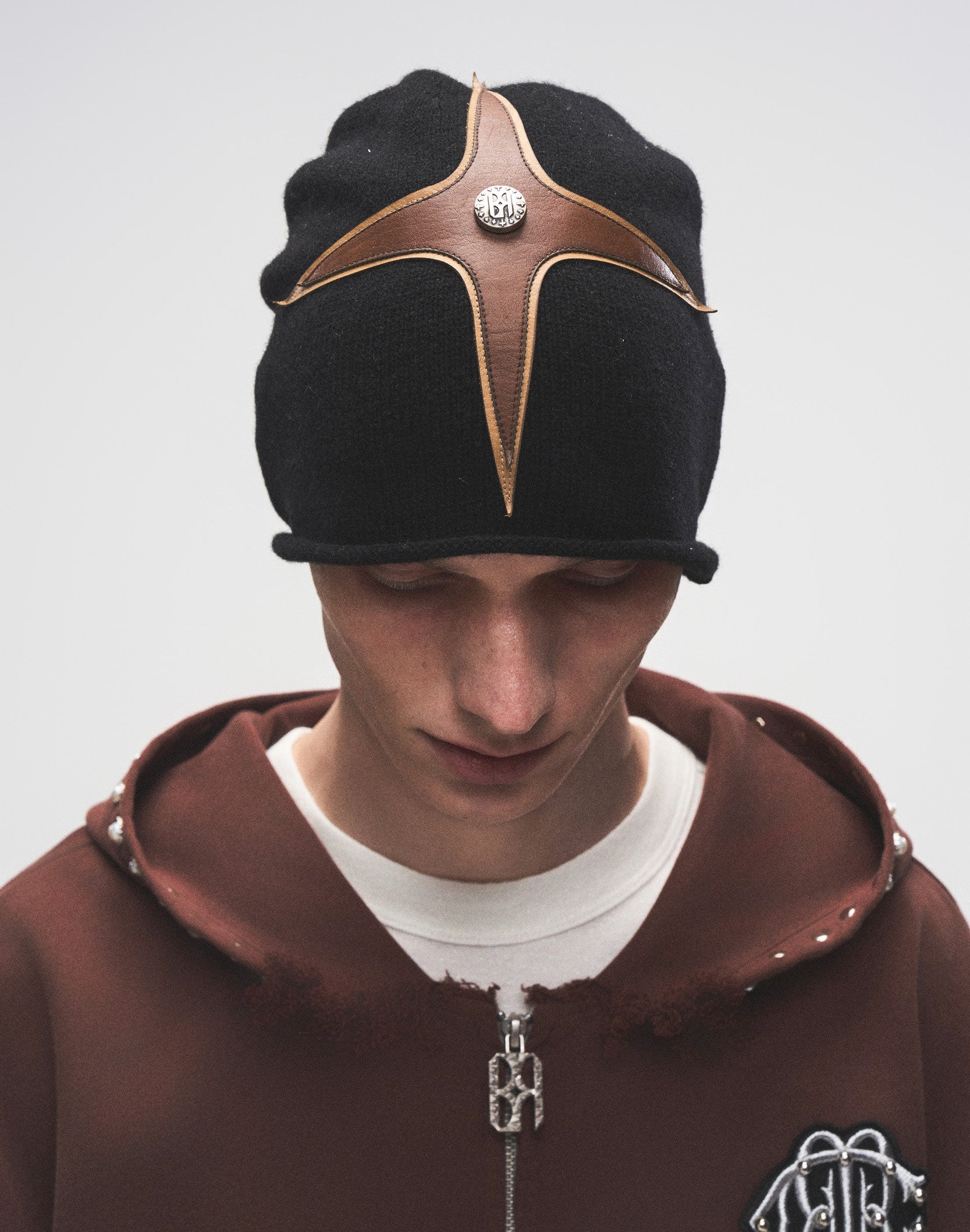 Cross-Patch Leather Beanie