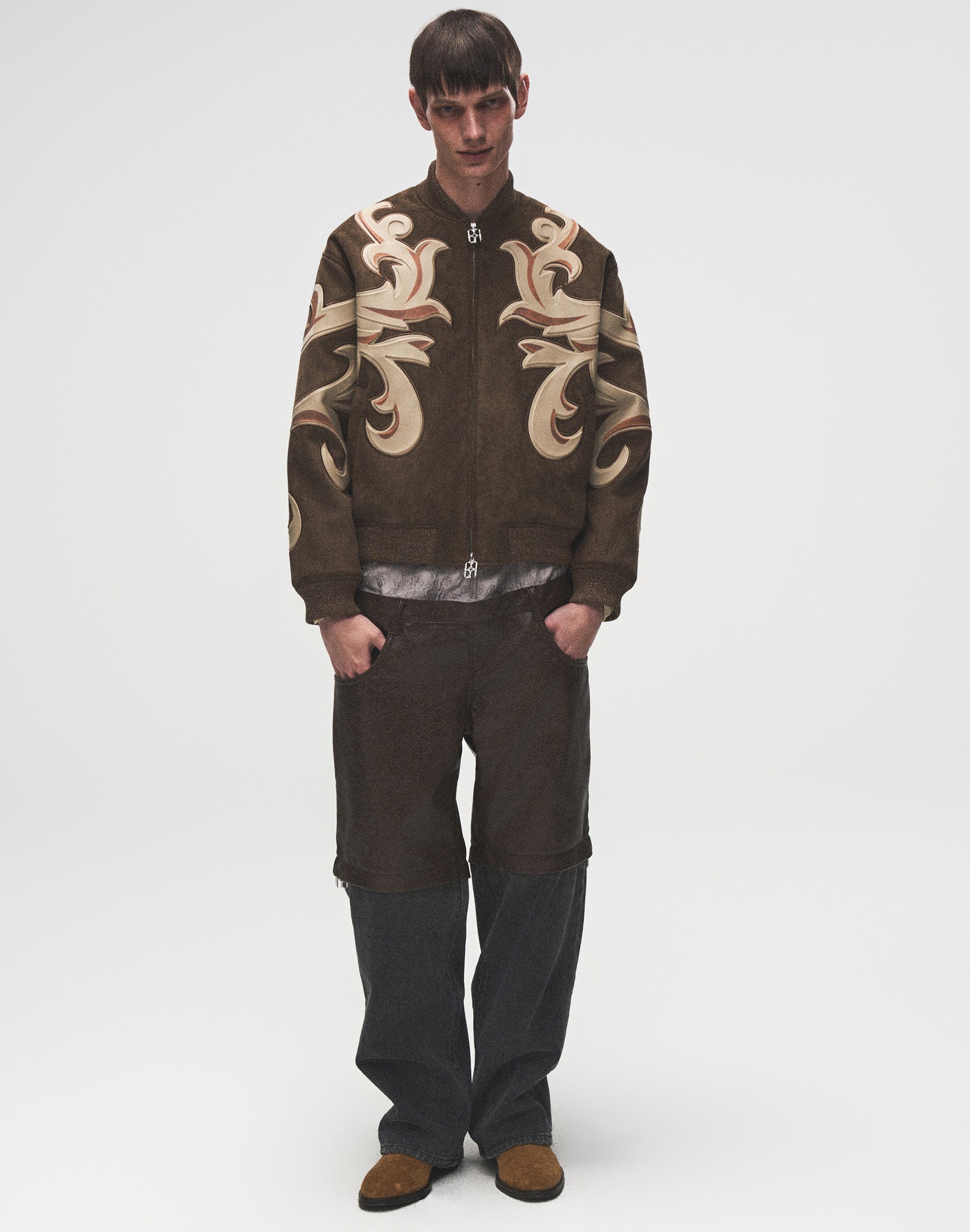 Patchwork Suede Leather Baroque Embossed MA1 Bomber Jacket