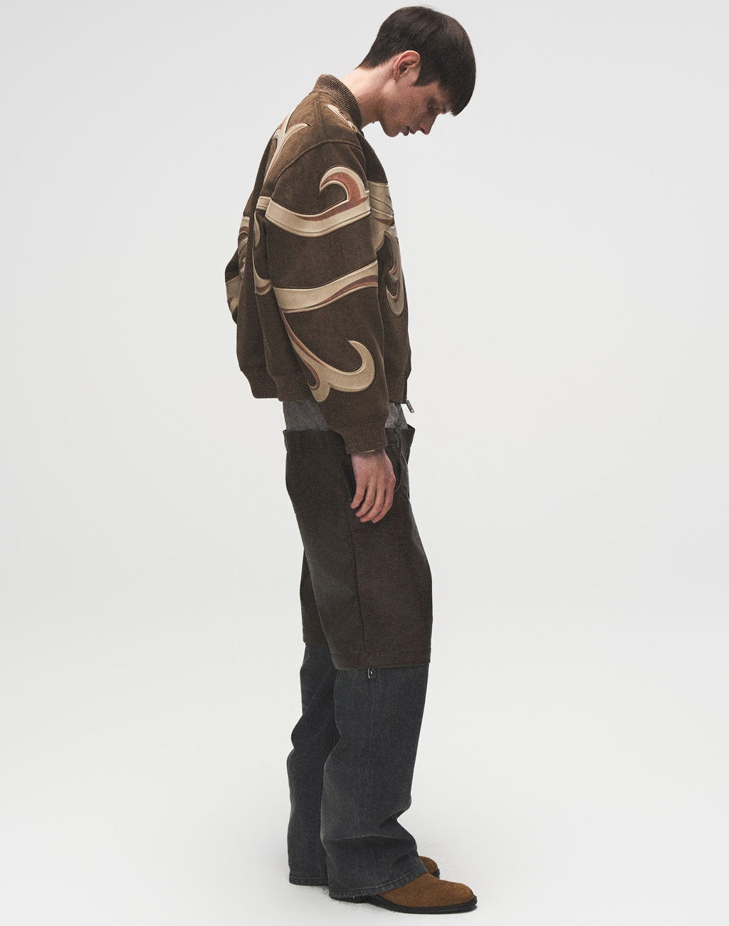 Patchwork Suede Leather Baroque Embossed MA1 Bomber Jacket