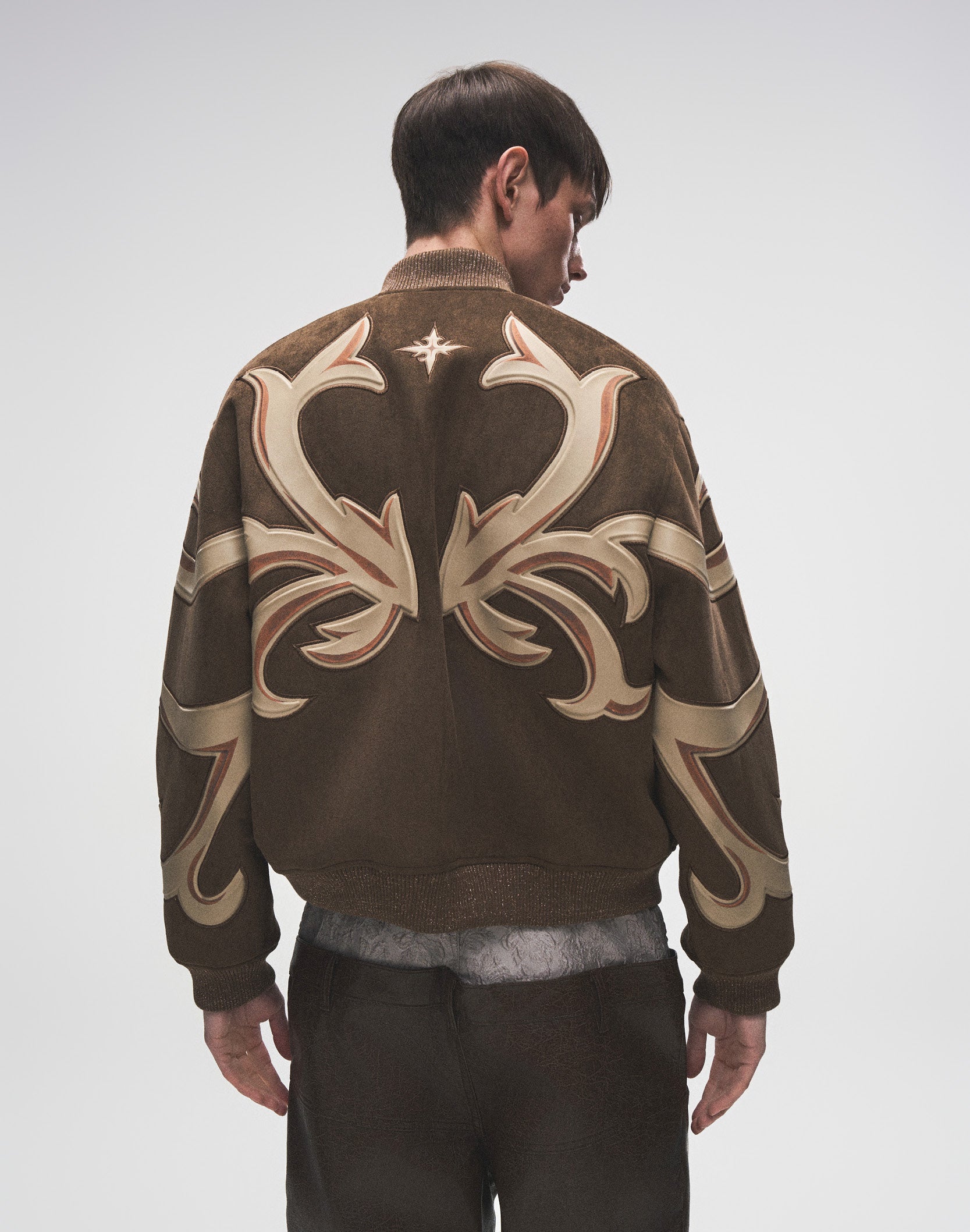 Patchwork Suede Leather Baroque Embossed MA1 Bomber Jacket