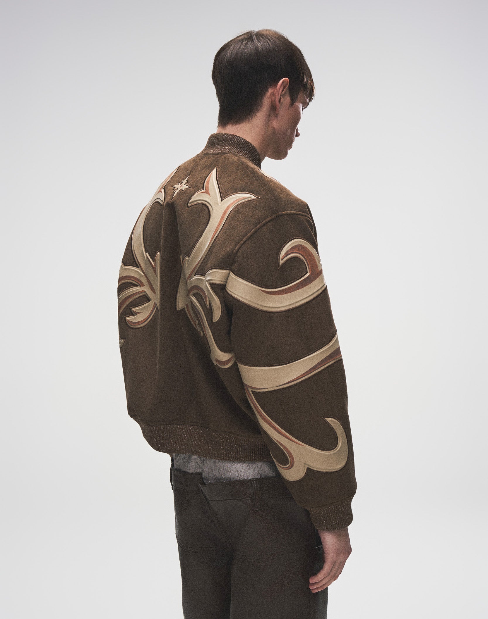 Patchwork Suede Leather Baroque Embossed MA1 Bomber Jacket