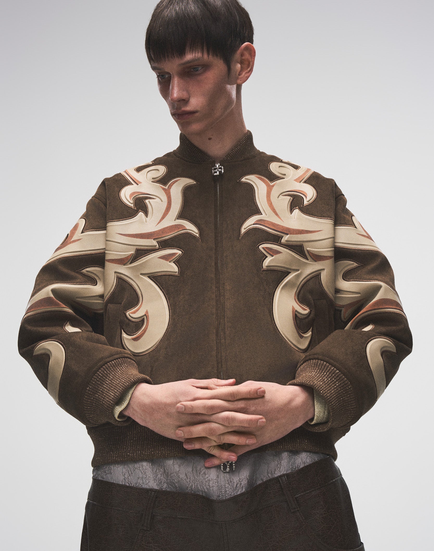 Patchwork Suede Leather Baroque Embossed MA1 Bomber Jacket