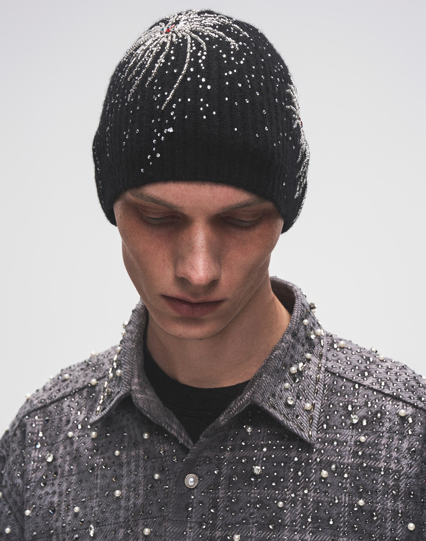 Fireworks Studded Beaded Beanie-BLK