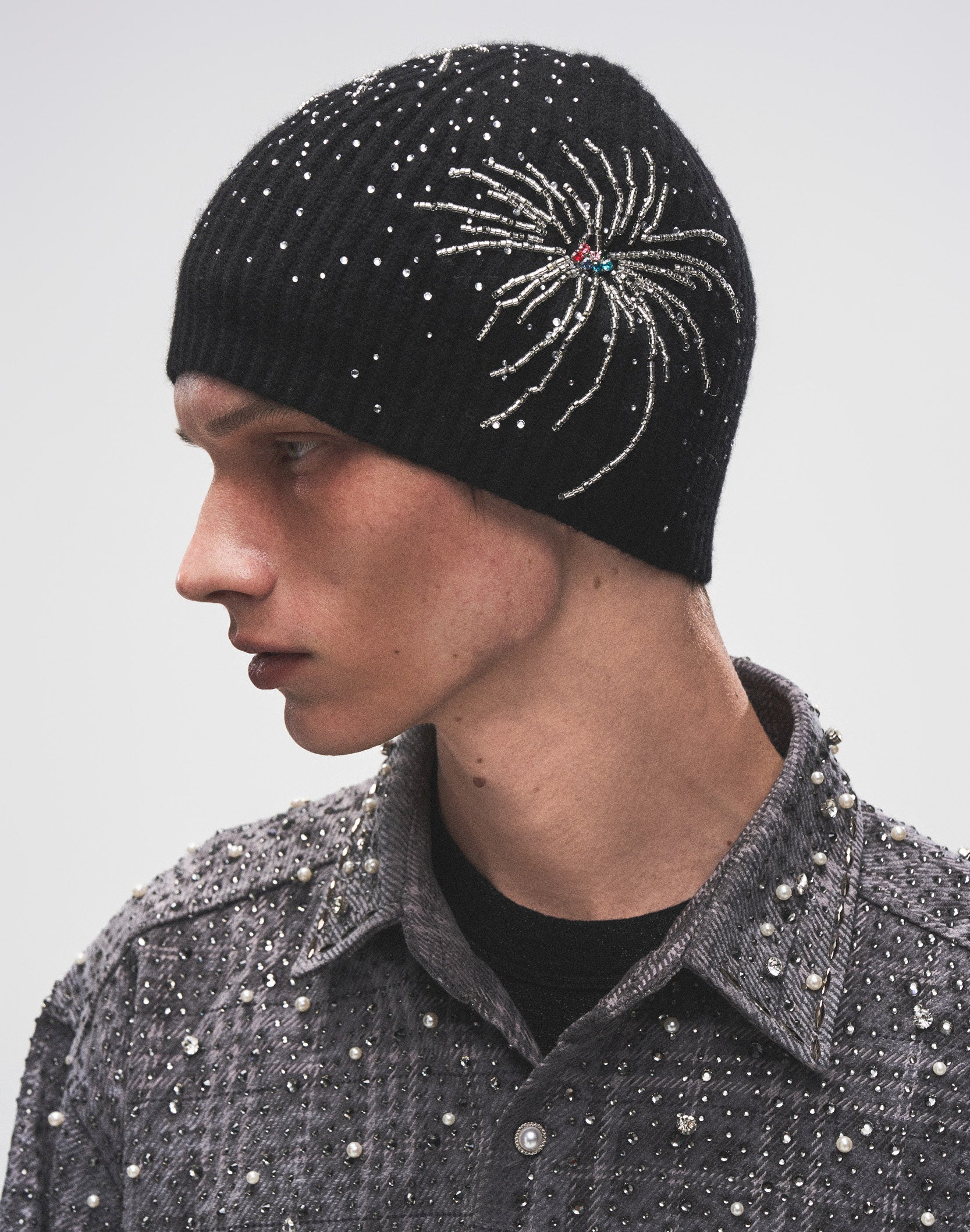 Fireworks Studded Beaded Beanie-BLK