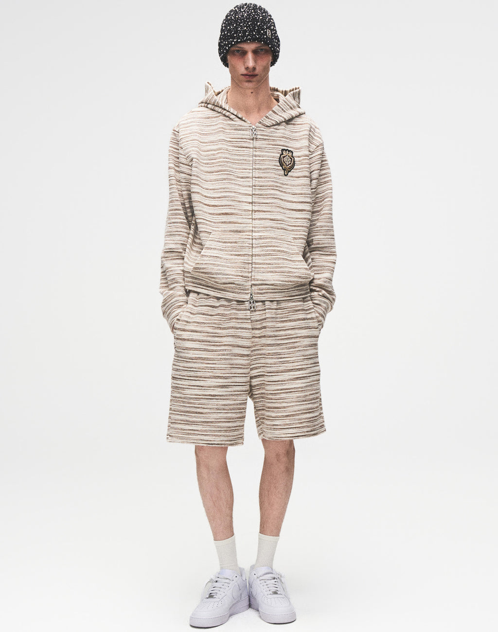 Striped Knit Hoodie in White