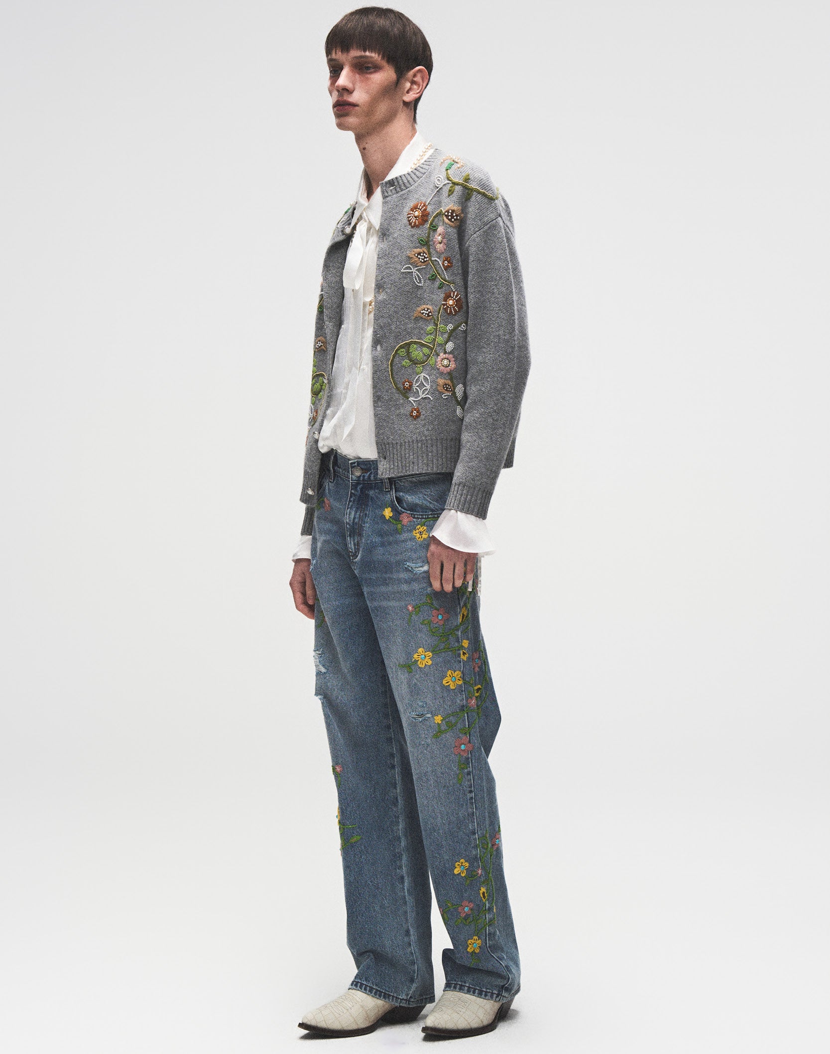 Hand-Embroidered Floral Pearl Cardigan