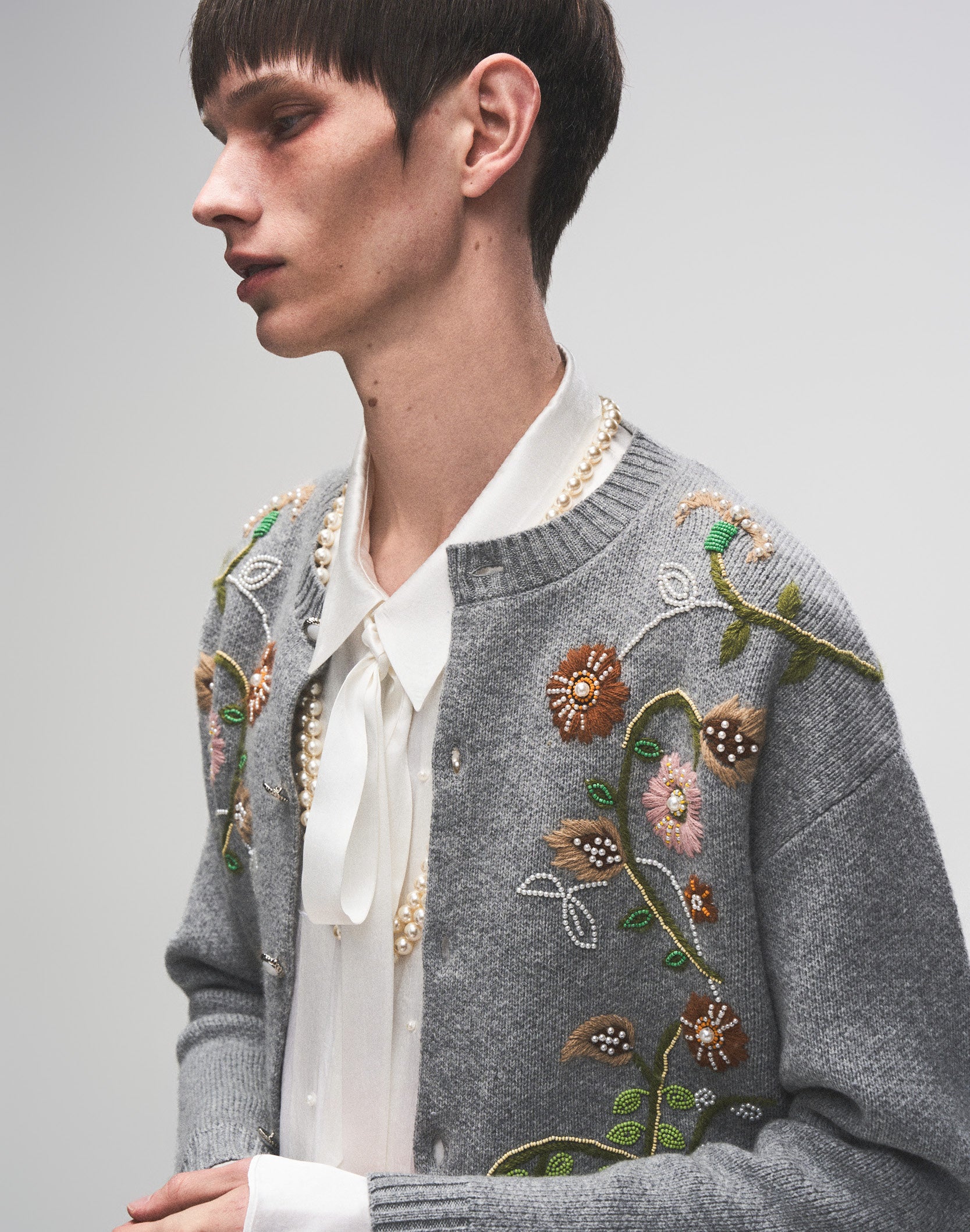 Hand-Embroidered Floral Pearl Cardigan