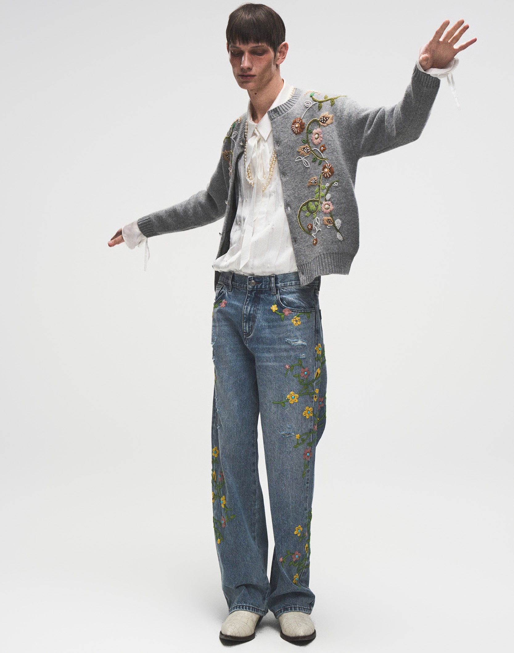 Hand-Embroidered Floral Pearl Cardigan