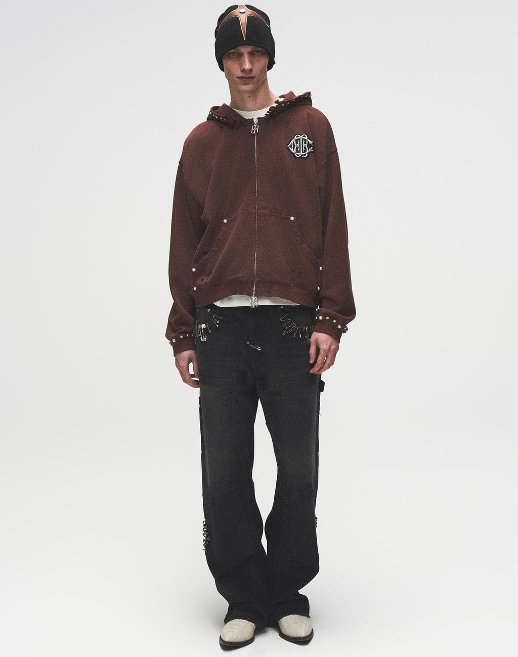 PEARL STUDDED BOXY ZIP HOODIE BROWN