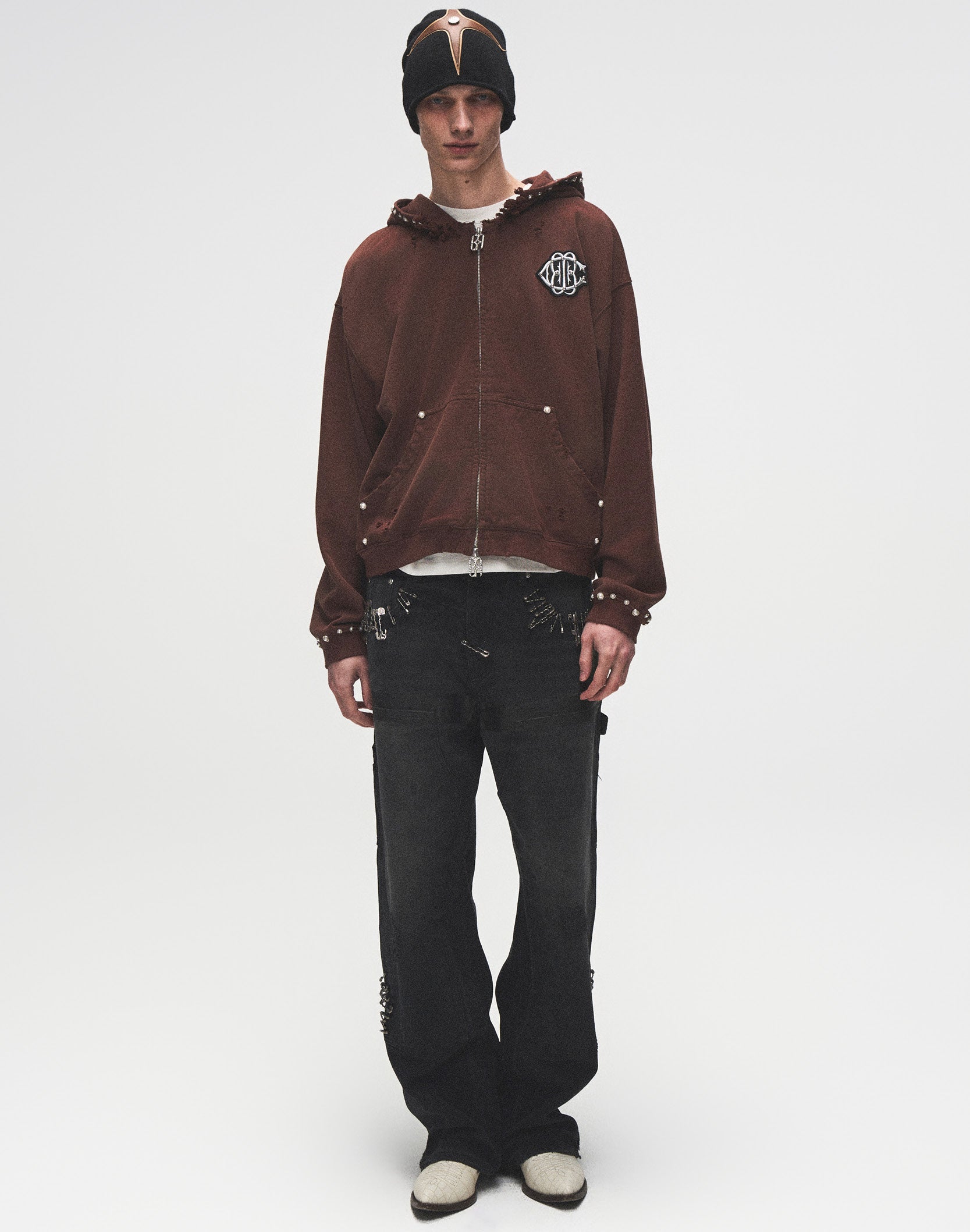 PEARL STUDDED BOXY ZIP HOODIE BROWN