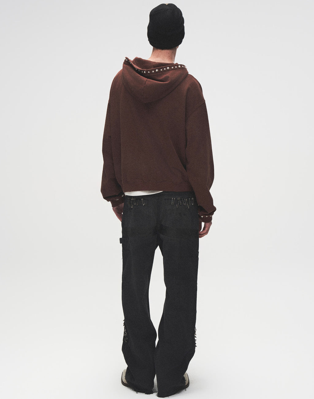 PEARL STUDDED BOXY ZIP HOODIE BROWN