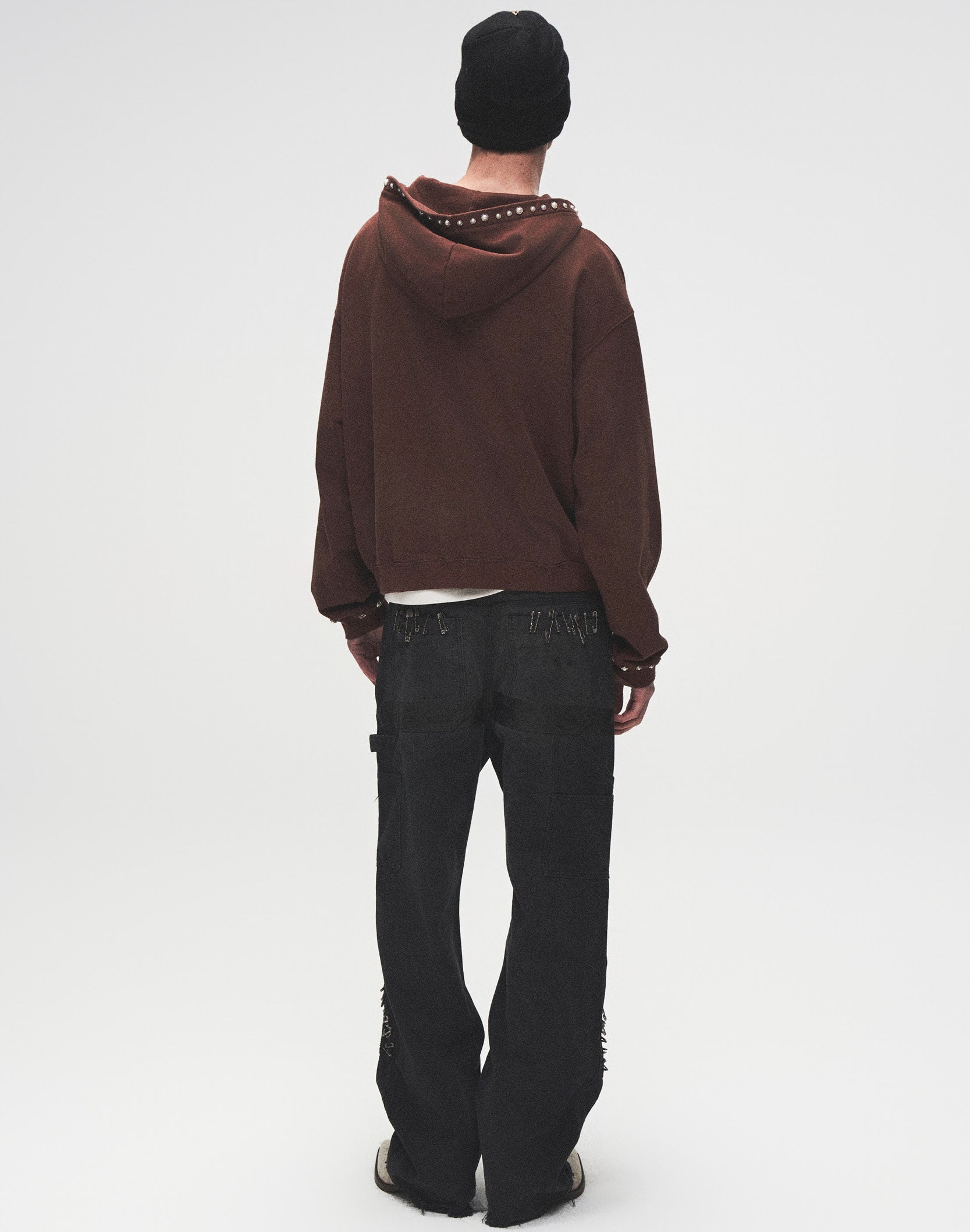 PEARL STUDDED BOXY ZIP HOODIE BROWN