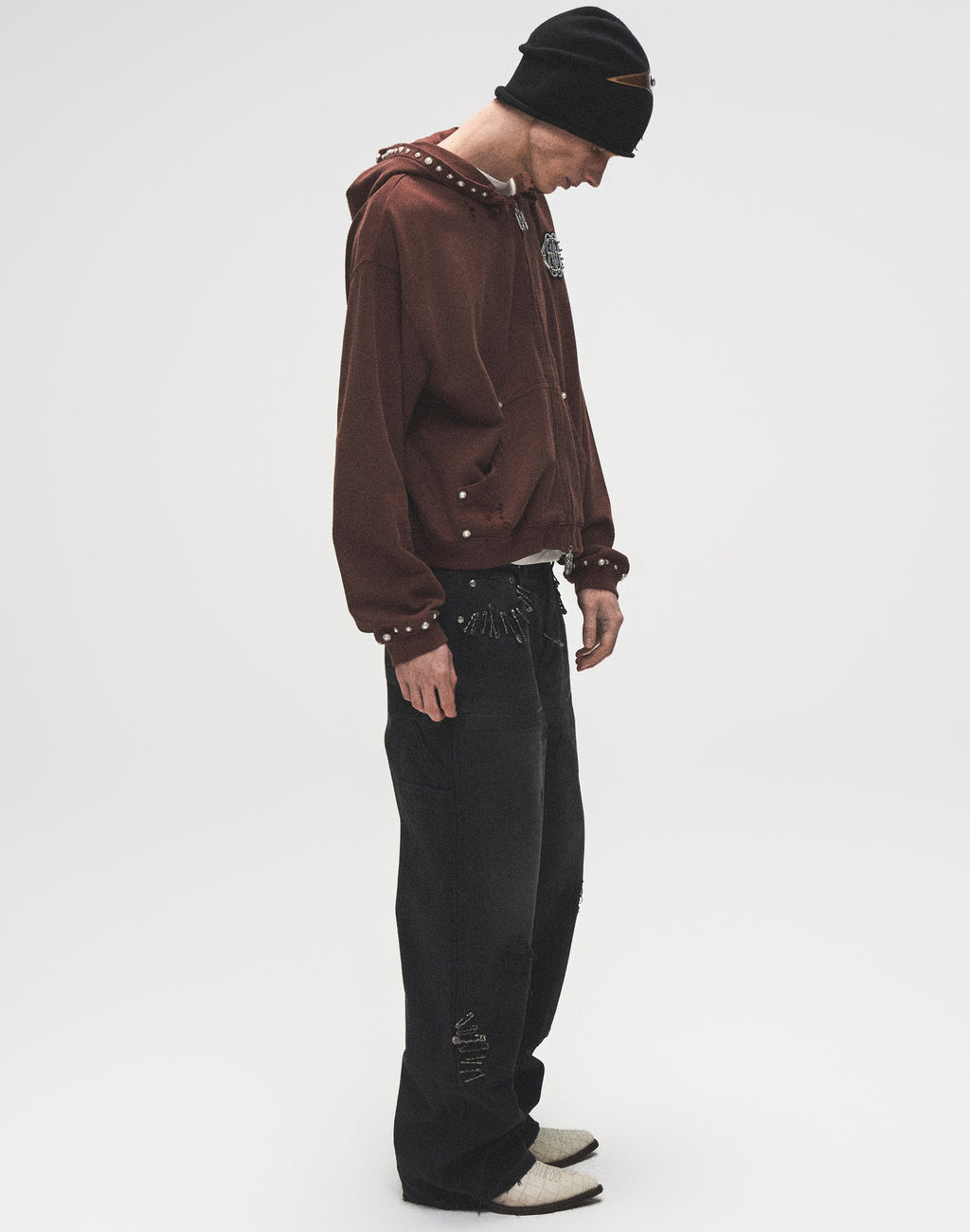 PEARL STUDDED BOXY ZIP HOODIE BROWN