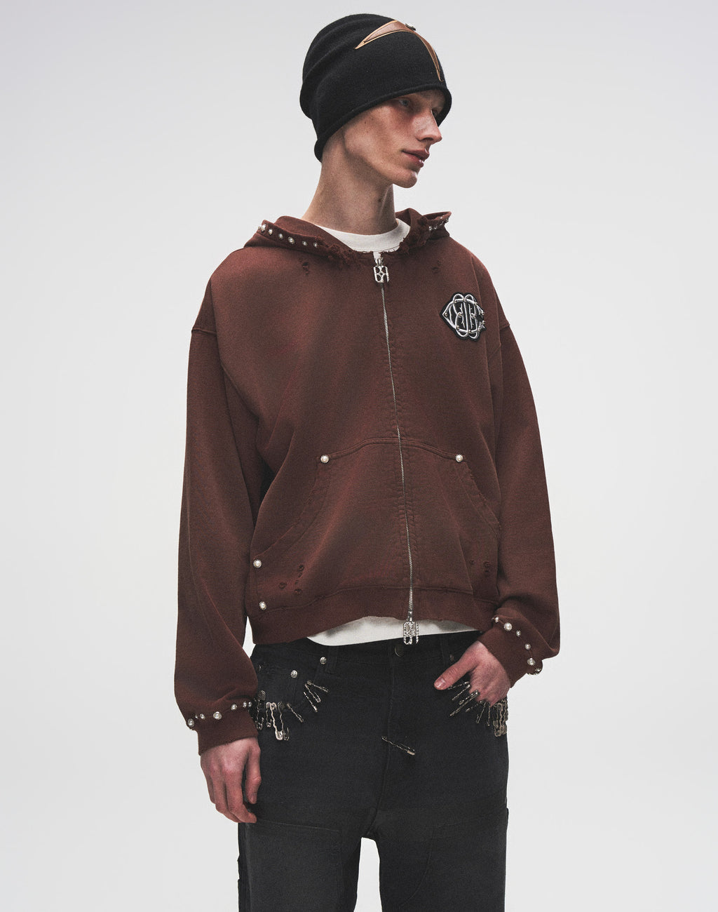 PEARL STUDDED BOXY ZIP HOODIE BROWN