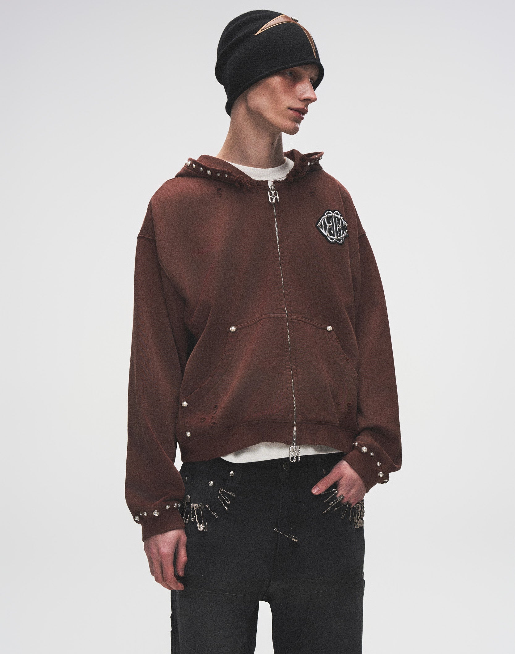 PEARL STUDDED BOXY ZIP HOODIE BROWN