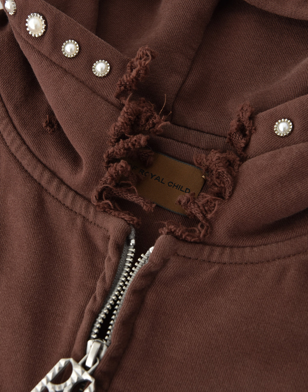 PEARL STUDDED BOXY ZIP HOODIE BROWN
