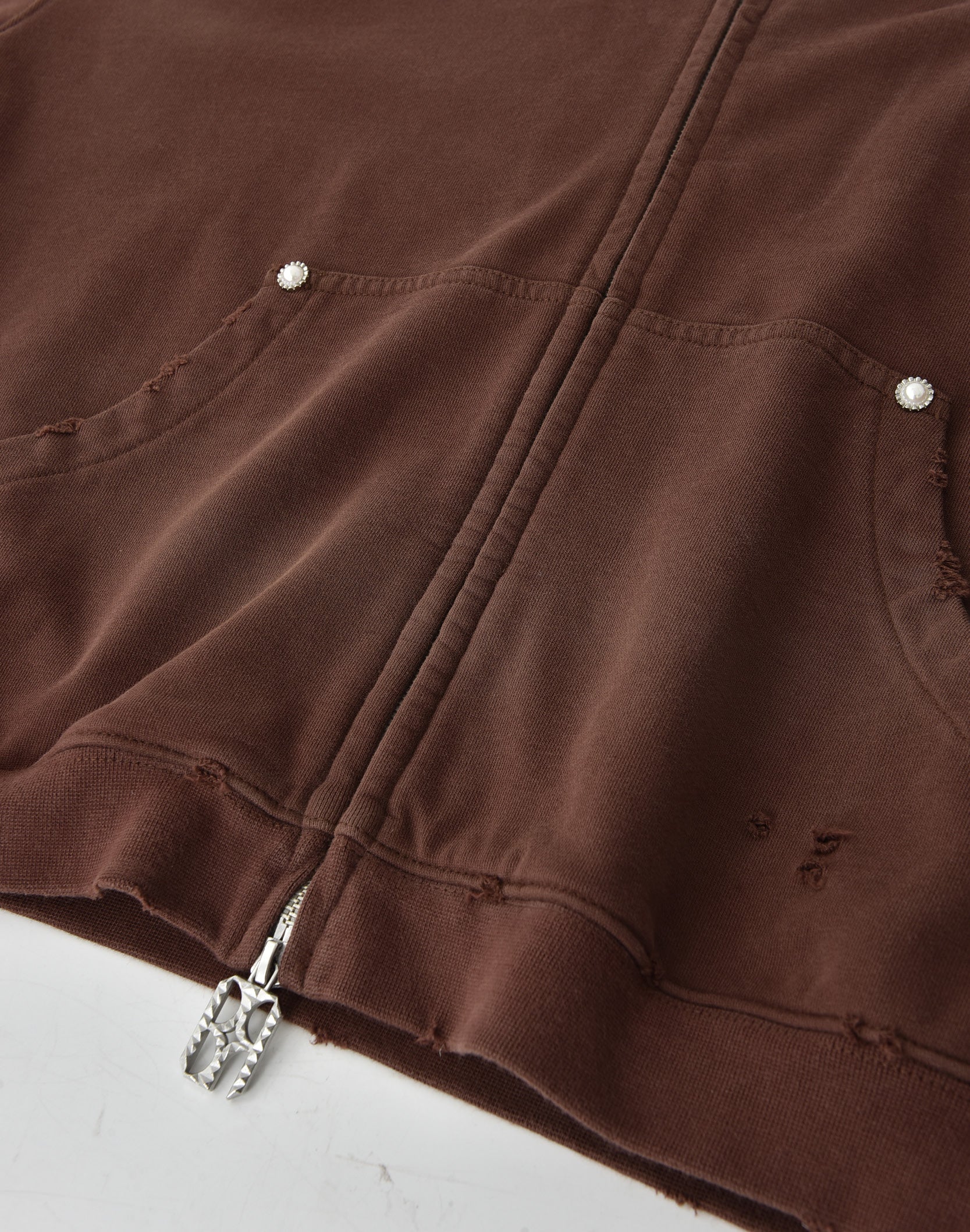 PEARL STUDDED BOXY ZIP HOODIE BROWN