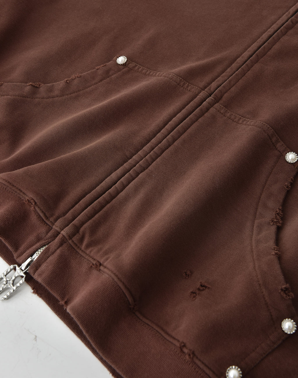 PEARL STUDDED BOXY ZIP HOODIE BROWN