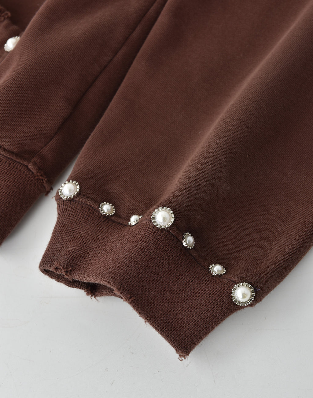 PEARL STUDDED BOXY ZIP HOODIE BROWN